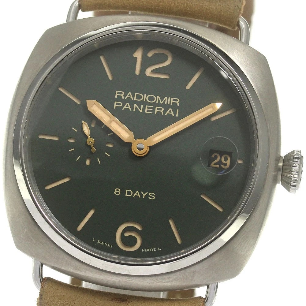 PANERAI RADIOMIR TITANIO DATE HAND WINDING WATCH: PANERAI Radiomir Titanio Date Hand Winding Watch Brand: PANERAI Type/Style: Wristwatch Material: Band Material leather, Case Material titanium Color: Case Color Silver Dial Color green Band Color