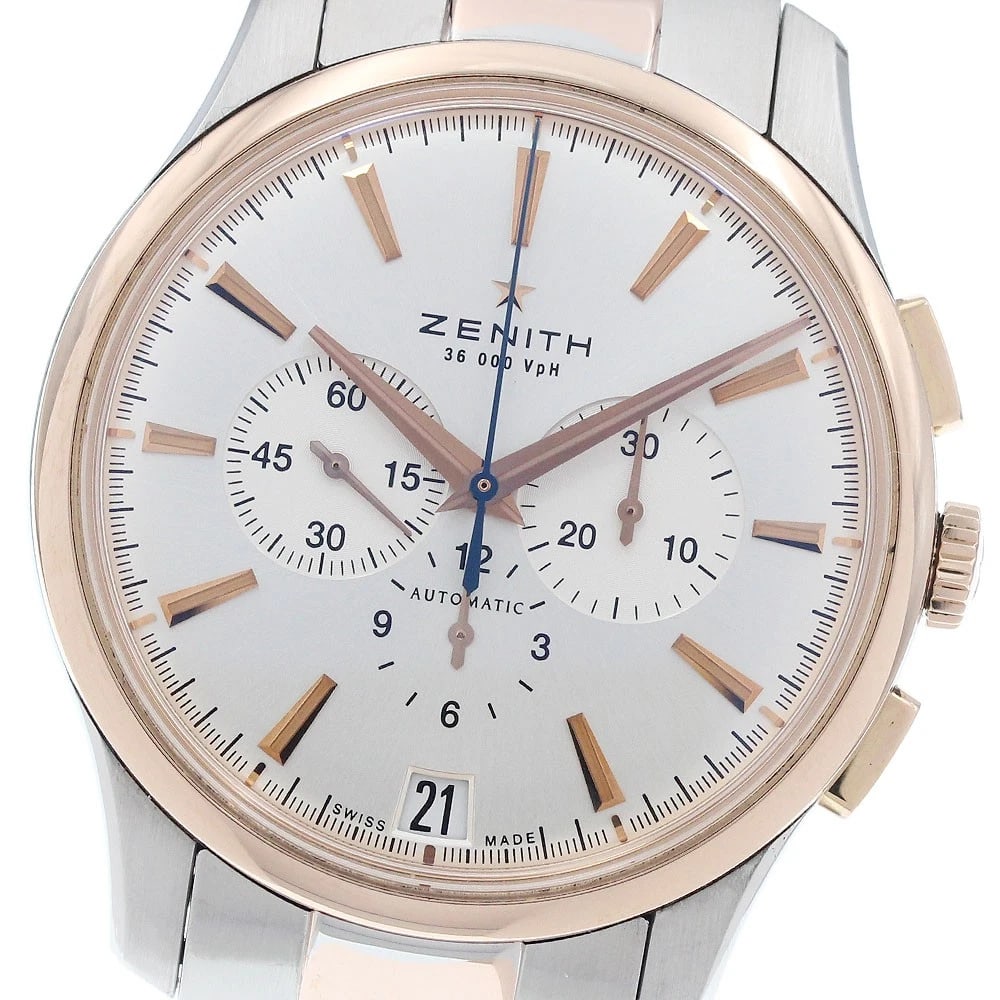 ZENITH CAPTAIN EL PRIMERO CHRONOGRAPH WATCH: ZENITH Captain El Primero Chronograph Watch Brand: ZENITH Type/Style: Wristwatch Material: Band Material Stainless Steel/RG, Case Material Stainless Steel/RG Color: Dial Color Silver Case Color Silver