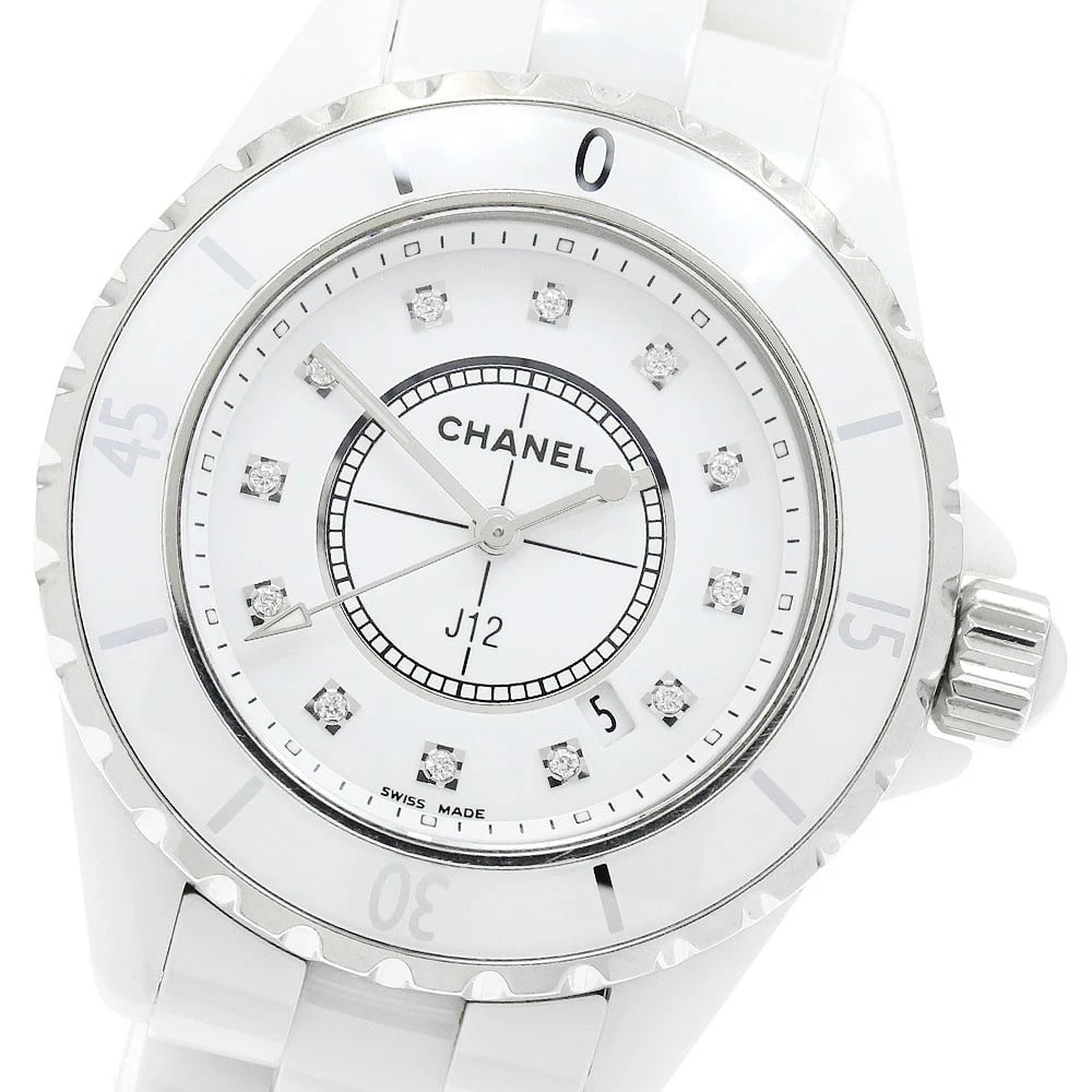 CHANEL J12 WHITE CERAMIC DIAMOND WHITE DIAL QUARTZ WATCH: CHANEL J12 White ceramic diamond white Dial Quartz Watch Brand: CHANEL Type/Style: Wristwatch Material: Band Material Ceramic / Stainless Steel, Case Material Ceramic / Stainless Steel Color: Case Col