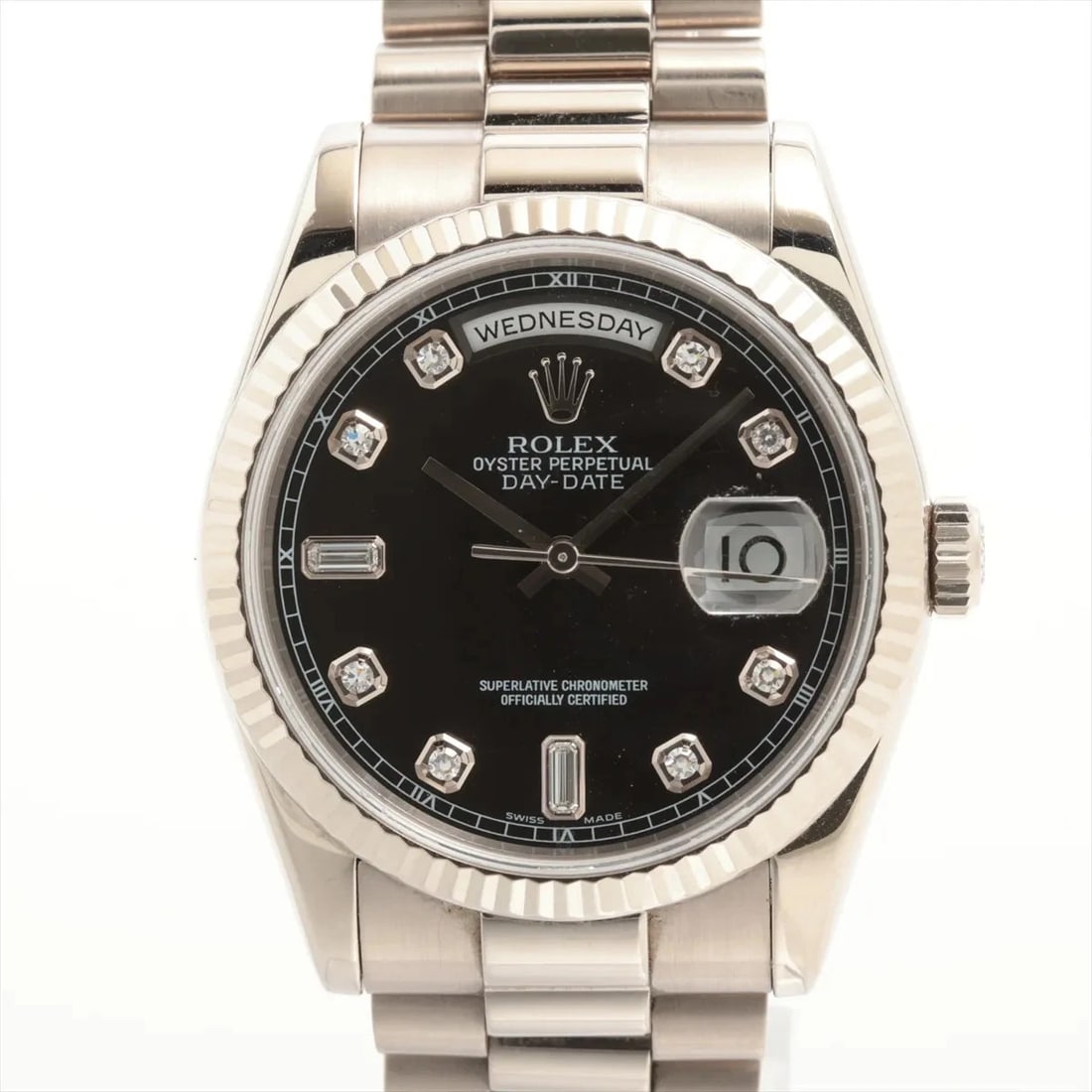 ROLEX DAY DATE 36 WG WG AT BLACK DIAL WATCH: Rolex Day Date 36 WG WG AT black dial Watch Brand: Rolex Type/Style: Wristwatch Material: WG Color: Dial Color Black Size: Case:W1.2 x H1.2inch / W36 x H36 Circumference of Wrist:6.5inch / 16.5
