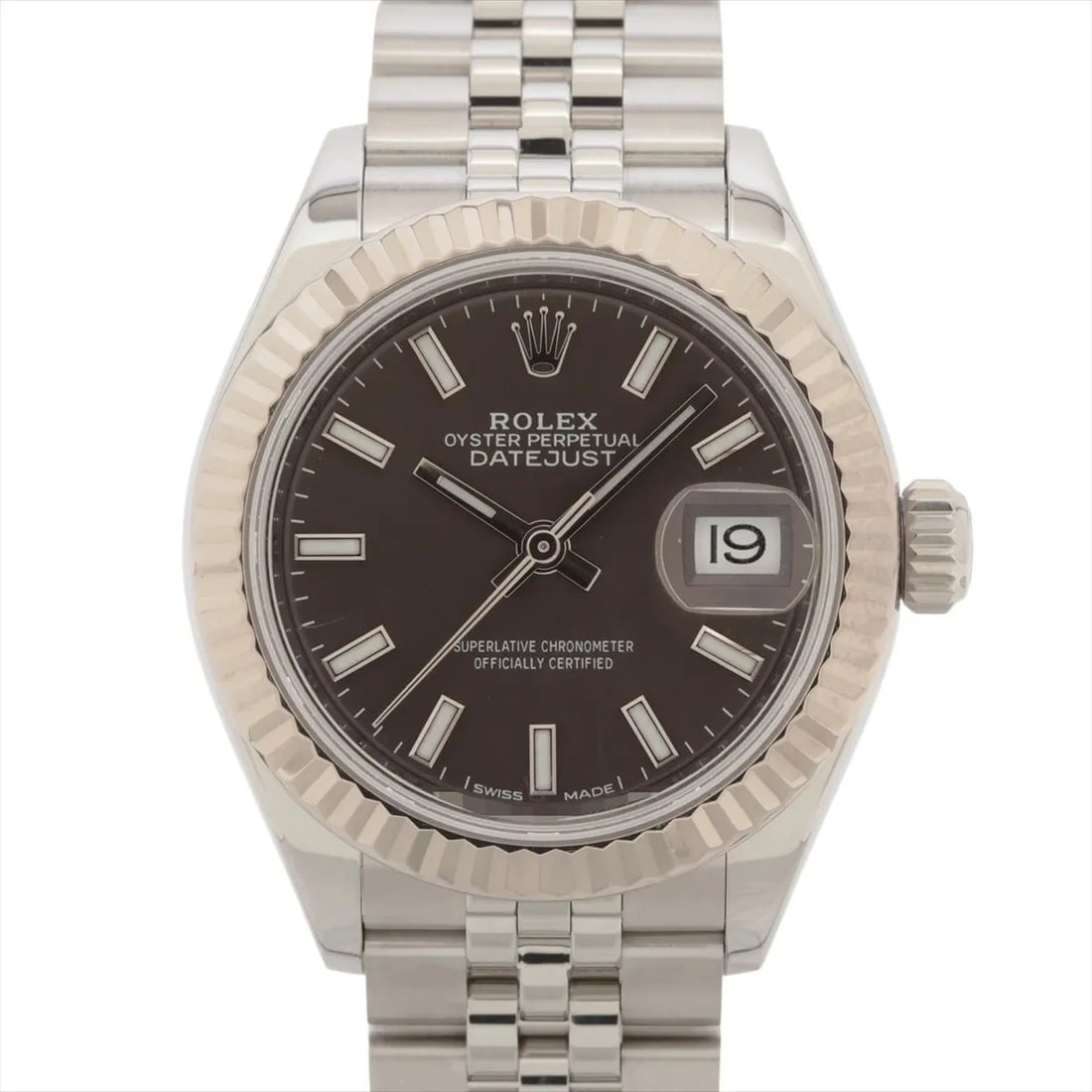 ROLEX LADY DATEJUST SS?WG SS AT DARK GREY WATCH: Rolex Lady Datejust SS?WG SS AT dark grey Watch Brand: Rolex Type/Style: Wristwatch Material: SS?WG Color: Dial Color dark grey Size: Case:W0.8 x H0.8inch / W28 x H28 Circumference of Wrist:6.1inch /
