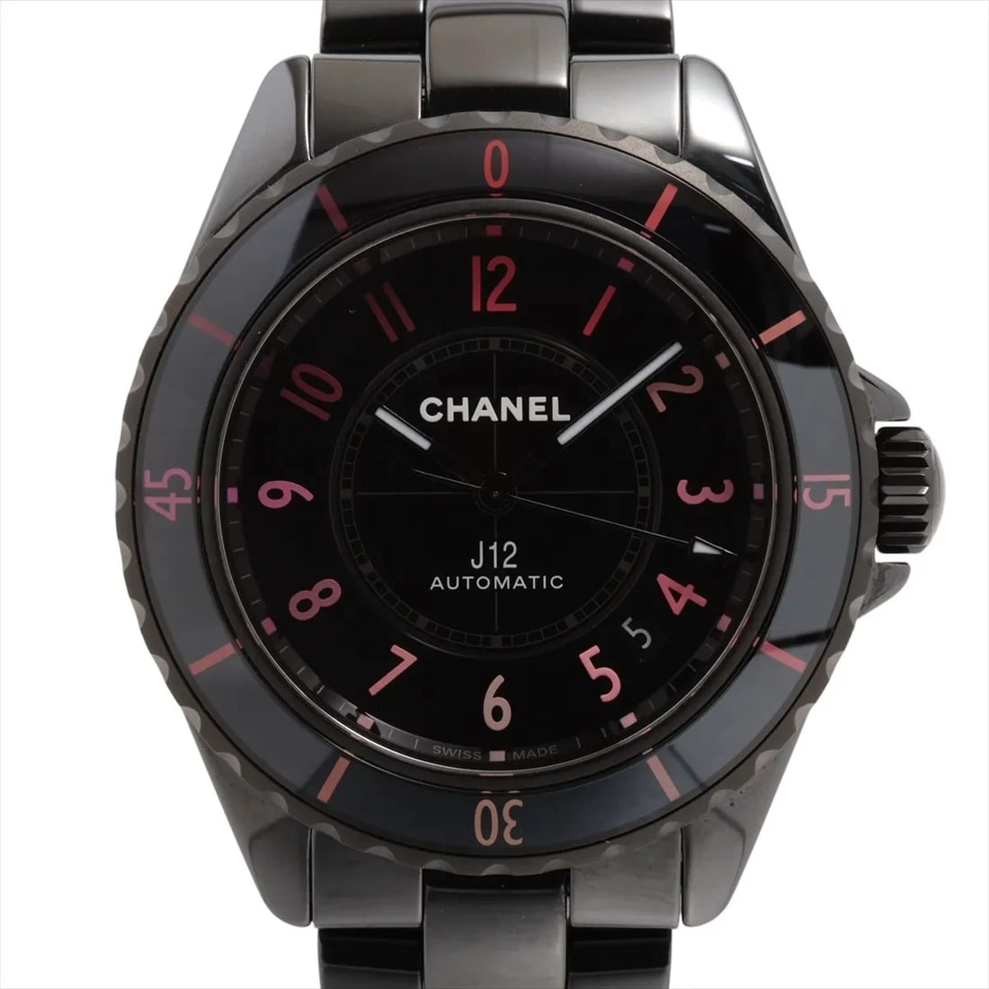 CHANEL J12 BLUSH CALIBRE AT BLACK DIAL WATCH: Chanel J12 BLUSH calibre AT black dial Watch Brand: Chanel Type/Style: Wristwatch Material: CE?SS Color: Dial Color Black Size: Case:W1.2 x H1.2inch / W38 x H38 Circumference of Wrist:6.7inch / 17