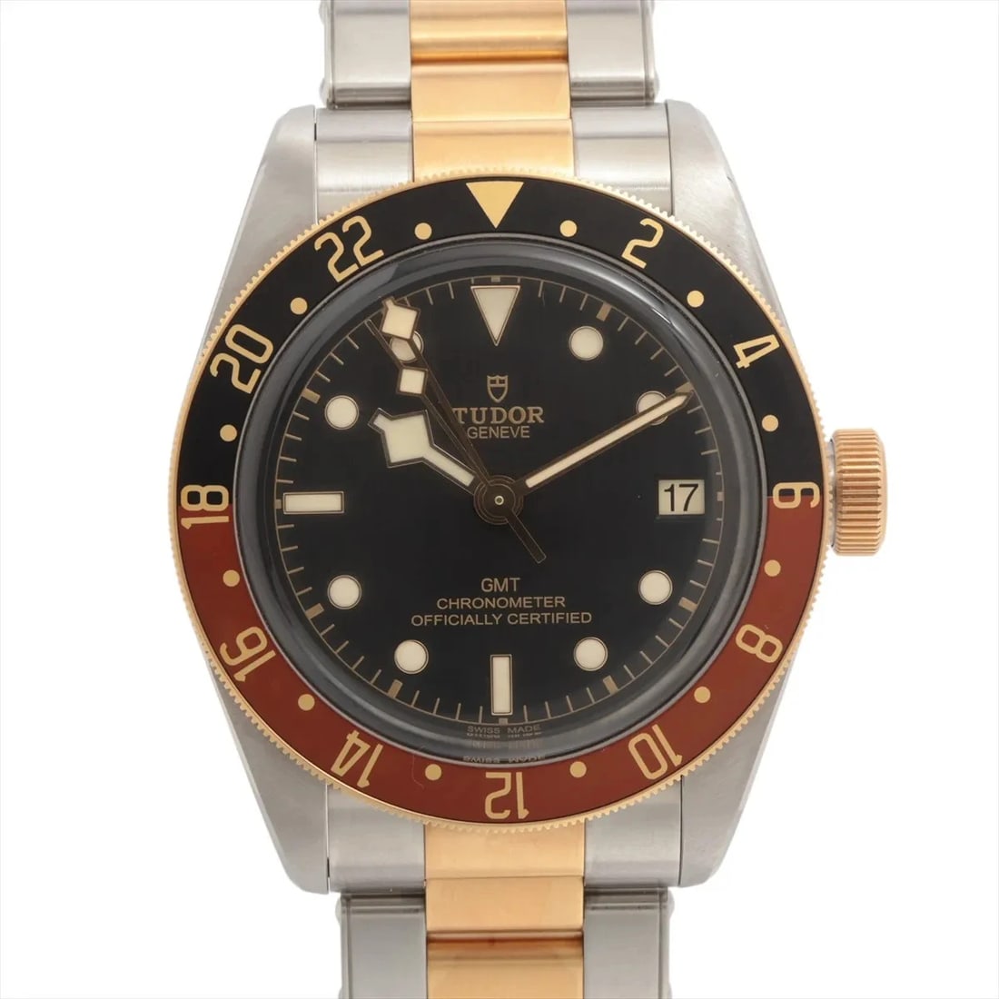 TUDOR BLACK BAY GMT AT BLACK DIAL WATCH: Tudor Black bay GMT AT black dial Watch Brand: Tudor Type/Style: Wristwatch Material: SS?YG Color: Dial Color Black Size: Case:W1.6 x H1.6inch / W41 x H41 Circumference of Wrist:7.3inch / 18.5 Acc