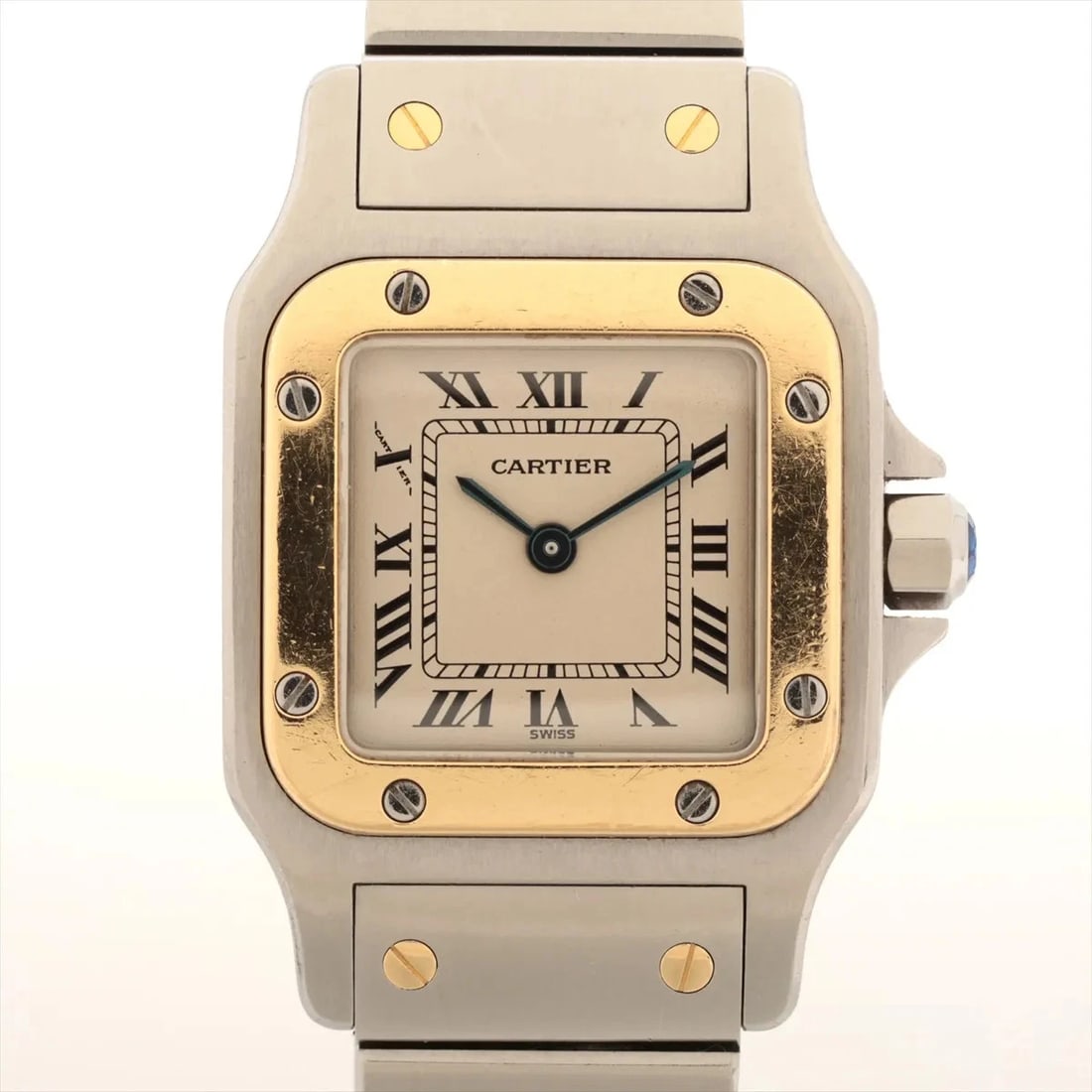 CARTIER SANTOS GALBEE QZ SILVER-FACE WATCH: Cartier Santos Galbee QZ Silver-Face Watch Brand: Cartier Type/Style: Wristwatch Material: SS?YG Color: Dial Color Silver Size: Case:W0.8 x H1.2inch / W23 x H36 Circumference of Wrist:5.7inch / 14.5