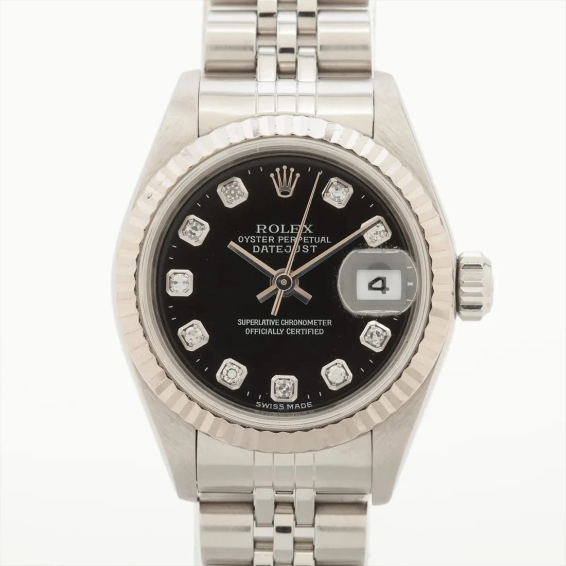 ROLEX LADY DATEJUST SS?WG SS AT BLACK DIAL WATCH: Rolex Lady Datejust SS?WG SS AT black dial Watch Brand: Rolex Type/Style: Wristwatch Material: SS?WG Color: Dial Color Black Size: Case:W0.8 x H0.8inch / W26 x H26 Circumference of Wrist:5.7inch / 14.