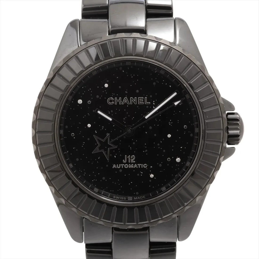 CHANEL J12 INTERSTELLAR AT BLACK DIAL WATCH: Chanel J12 interstellar AT black dial Watch Brand: Chanel Type/Style: Wristwatch Material: CE?SS Color: Dial Color Black Size: Case:W1.2 x H1.2inch / W38 x H38 Circumference of Wrist:6.7inch / 17