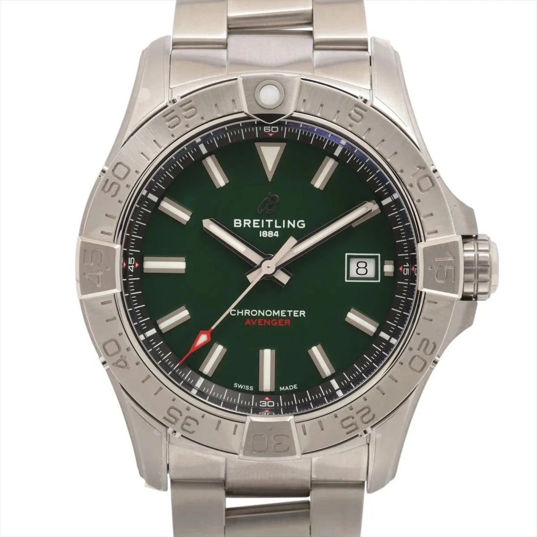 BREITLING AVENGER AUTOMATIC 42 AT GREEN-FACE WATCH: Breitling Avenger Automatic 42 AT Green-Face Watch Brand: Breitling Type/Style: Wristwatch Material: SS Color: Dial Color Green Size: Case:W1.6 x H1.6inch / W42 x H42 Circumference of Wrist:7.5inch /