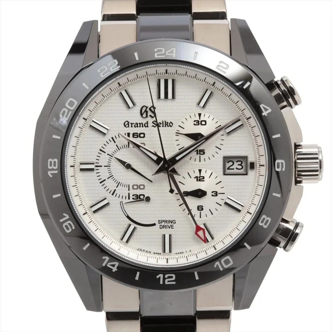 GRAND SEIKO SPORTS COLLECTION SPRING DRIVE WATCH: Grand Seiko Sports collection Spring Drive Watch Brand: Grand Seiko Type/Style: Wristwatch Material: CE?TI Color: Dial Color Silver Size: Case:W1.6 x H1.6inch / W46.4 x H46.4 Circumference of Wrist:7.