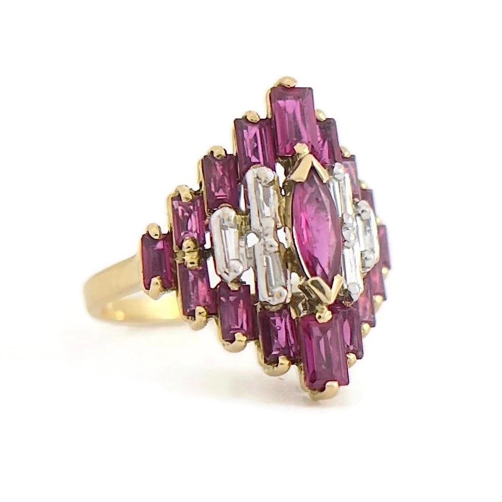 TOURMALINE DIAMOND PYRAMID COCKTAIL RING: Tourmaline Diamond Pyramid Cocktail Ring Brand: Estate Type/Style: Ring Material: 14K Yellow Gold, Main Stone Natural Color: Pink Size: 6 US Accessories: None Accessories Notice: When purchasing