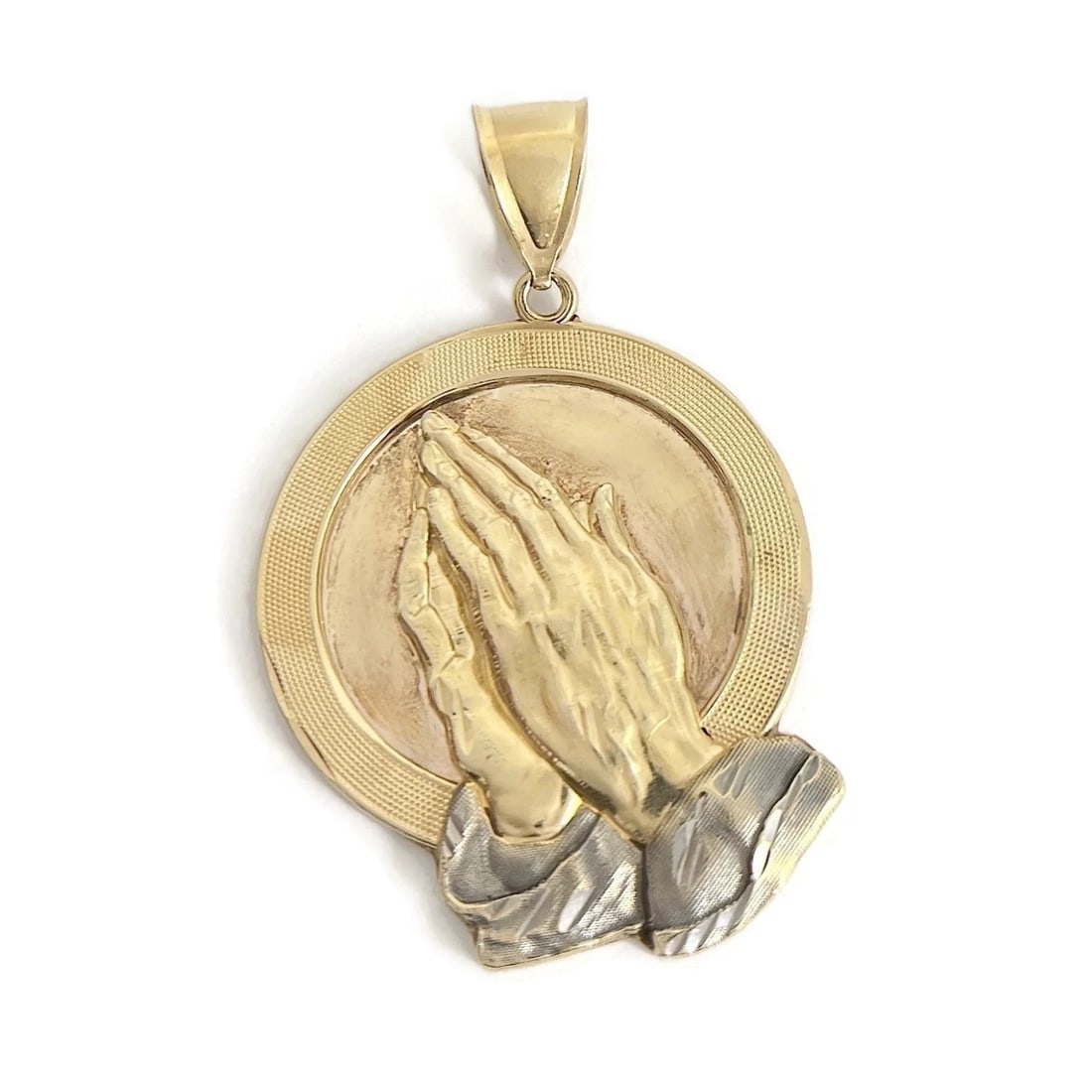 LARGE ROUND PRAYING HANDS RELIGIOUS NECKLACE PENDANT: Large Round Praying Hands Religious Necklace Pendant Brand: Estate Type/Style: Pendant Material: 14K Yellow Gold, Color: Gold Size: Measurements: 1.3 inch (with bale) x 1.4 inches Accessories: Non