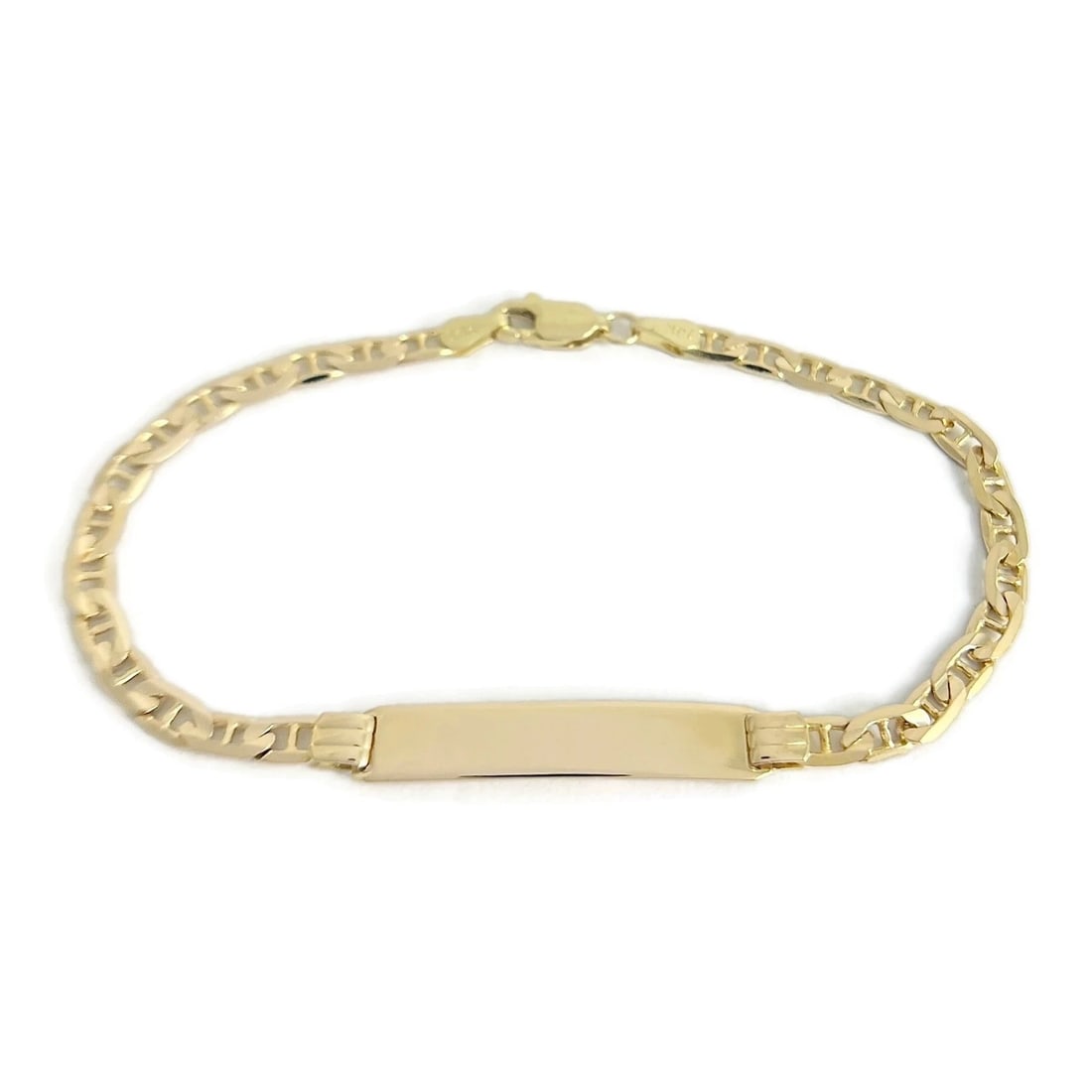 ANCHOR CHAIN ID BRACELET 14K YELLOW GOLD: Anchor Chain ID Bracelet 14K Yellow Gold Brand: Unbranded Type/Style: Bracelet Material: 14K Yellow Gold, Color: Gold Size: Length: 7 inches Width: 3.6 mm chain; 5.5 mm Accessories: None Accessories
