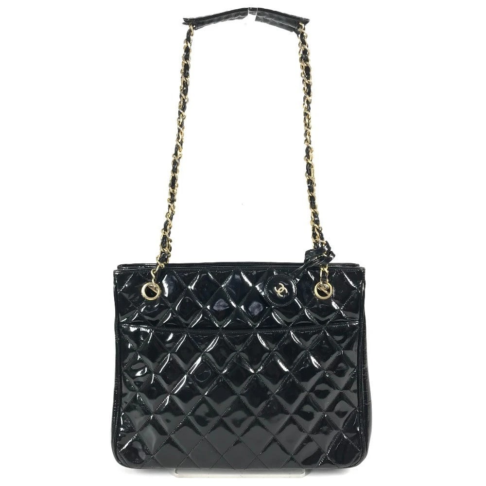 CHANEL QUILTED MATELASSE DOUBLE CHAIN BAG: CHANEL Quilted Matelasse Double Chain Bag Brand: CHANEL Type/Style: Shoulder Bag Material: enamel Color: Black/Gold Size: W10.8?H8.7?D3.0inch / W27.5cm?H22cm?D7.5cm Accessories: None Acces
