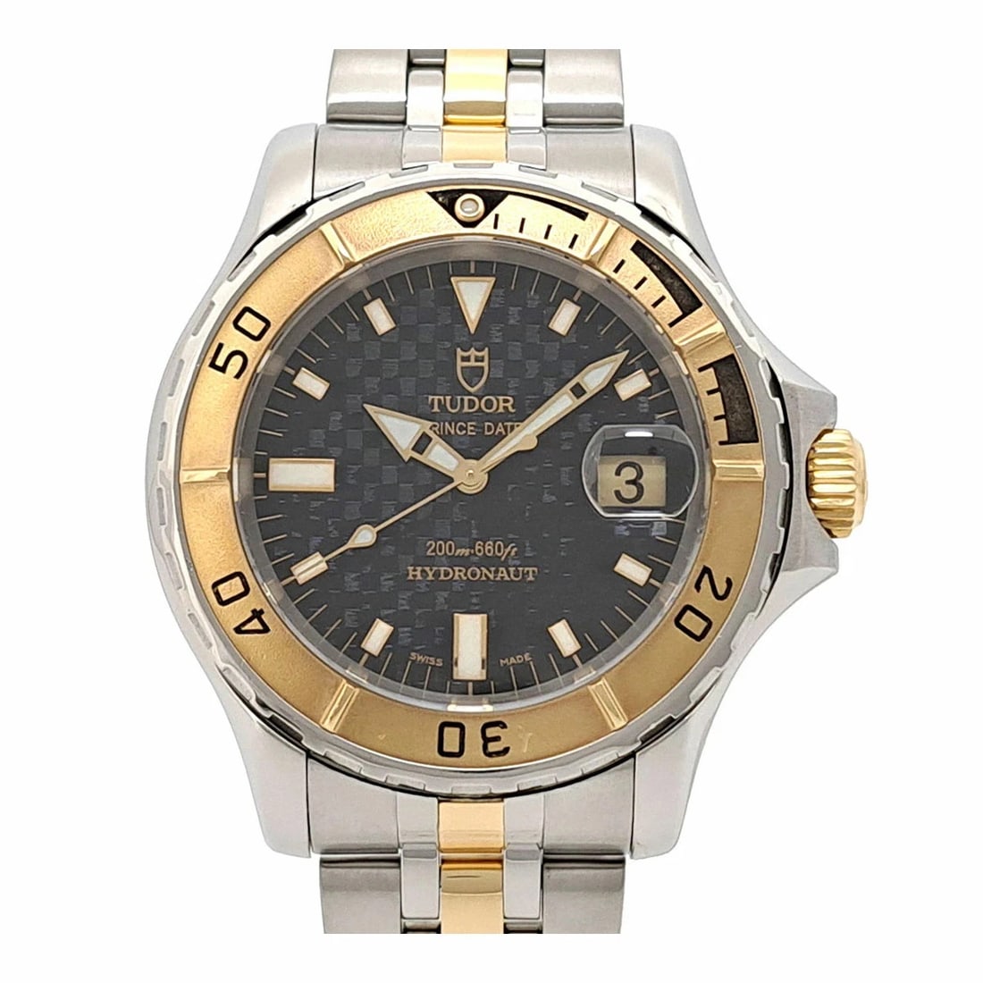TUDOR WATCH PRINCE DATE HYDRONAUT CARBON DIAL AUTOMATIC WATCH: Tudor Watch Prince Date Hydronaut Carbon Dial Automatic Watch Brand: TUDOR Type/Style: Wristwatch Material: Stainless Steel, Yellow Gold Color: CARBON DIAL Size: Case size: 40mm Wrist size: Approx.