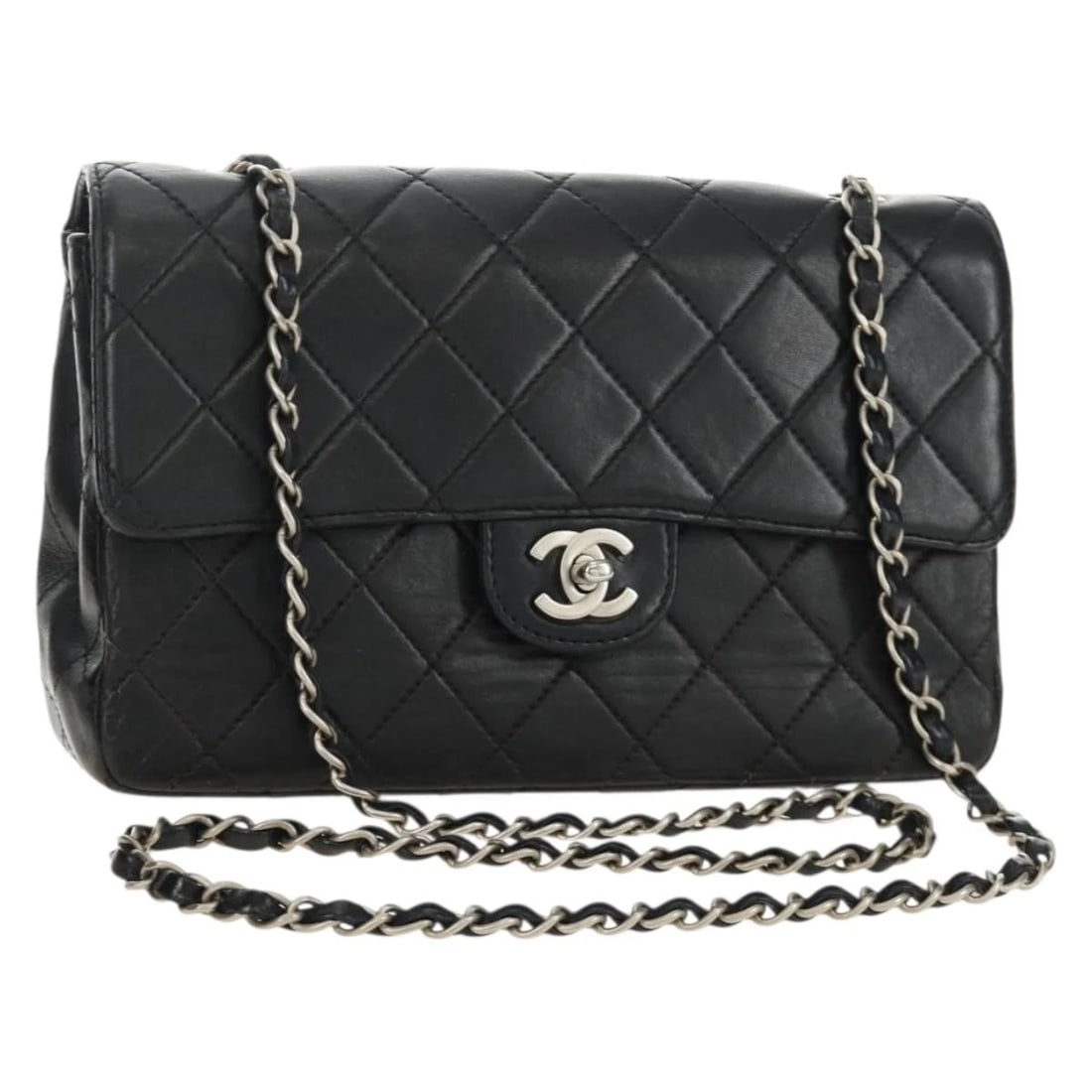 CHANEL MATELASSE 25 CHAIN SHOULDER BAG LAMB SKIN BLACK SILVER: CHANEL Matelasse 25 Chain Shoulder Bag Lamb Skin Black Silver Brand: CHANEL Type/Style: Shoulder Bag Material: Lamb Skin Color: Black/Silver Size: Size(Inch) W9.8 x H5.5 x D2.4inch(Approx) Accesso