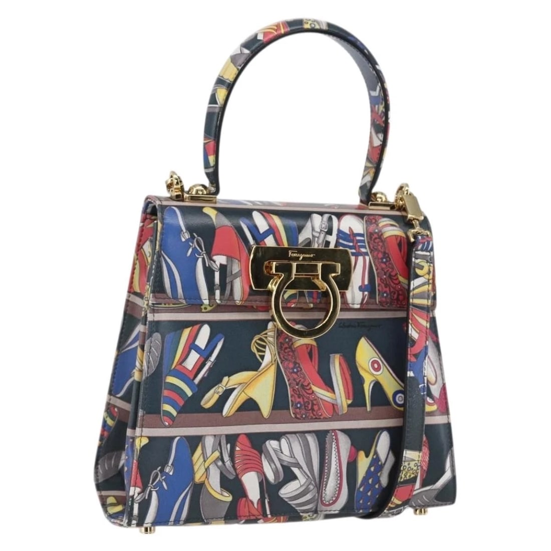 SALVATORE FERRAGAMO GANCINI BAG LEATHER 2WAY MULTICOLOR GOLD: Salvatore Ferragamo Gancini Bag Leather 2way Multicolor Gold Brand: Salvatore Ferragamo Type/Style: Shoulder Bag Material: Leather Color: Multicolor/Gold Size: Size(Inch)W7.9 x H7.1 x D3.5inch(Approx)