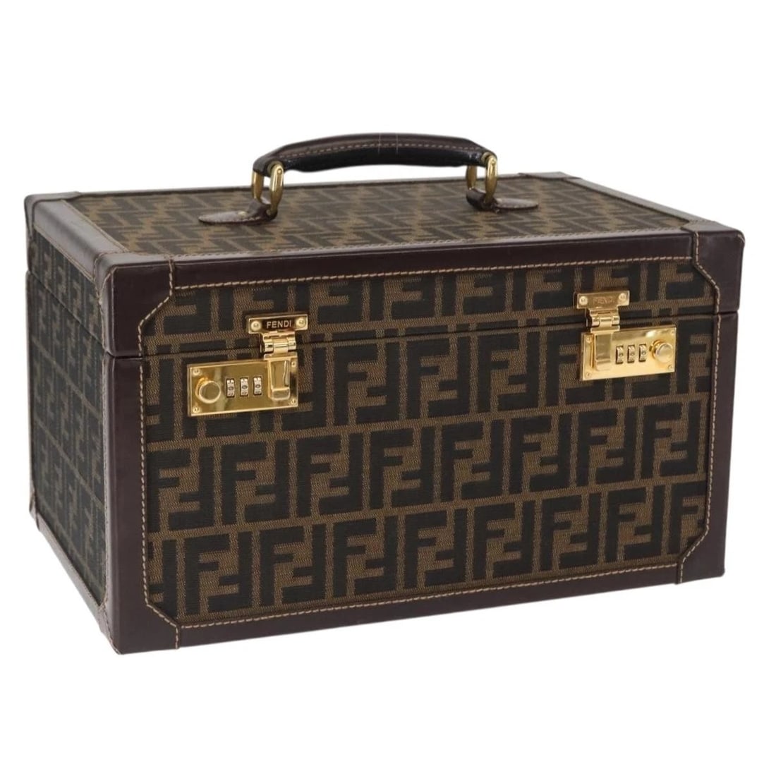FENDI VANITY CASE ZUA CANVAS BLACK BROWN: FENDI Vanity Case Zua Canvas Black Brown Brand: FENDI Type/Style: Trunk Material: Zucca Canvas Color: Black /Brown Size: Size(Inch) W14.2 x H9.1 x D8.3inch(Approx) Handle Drop:1.6inch(Approx) Acce