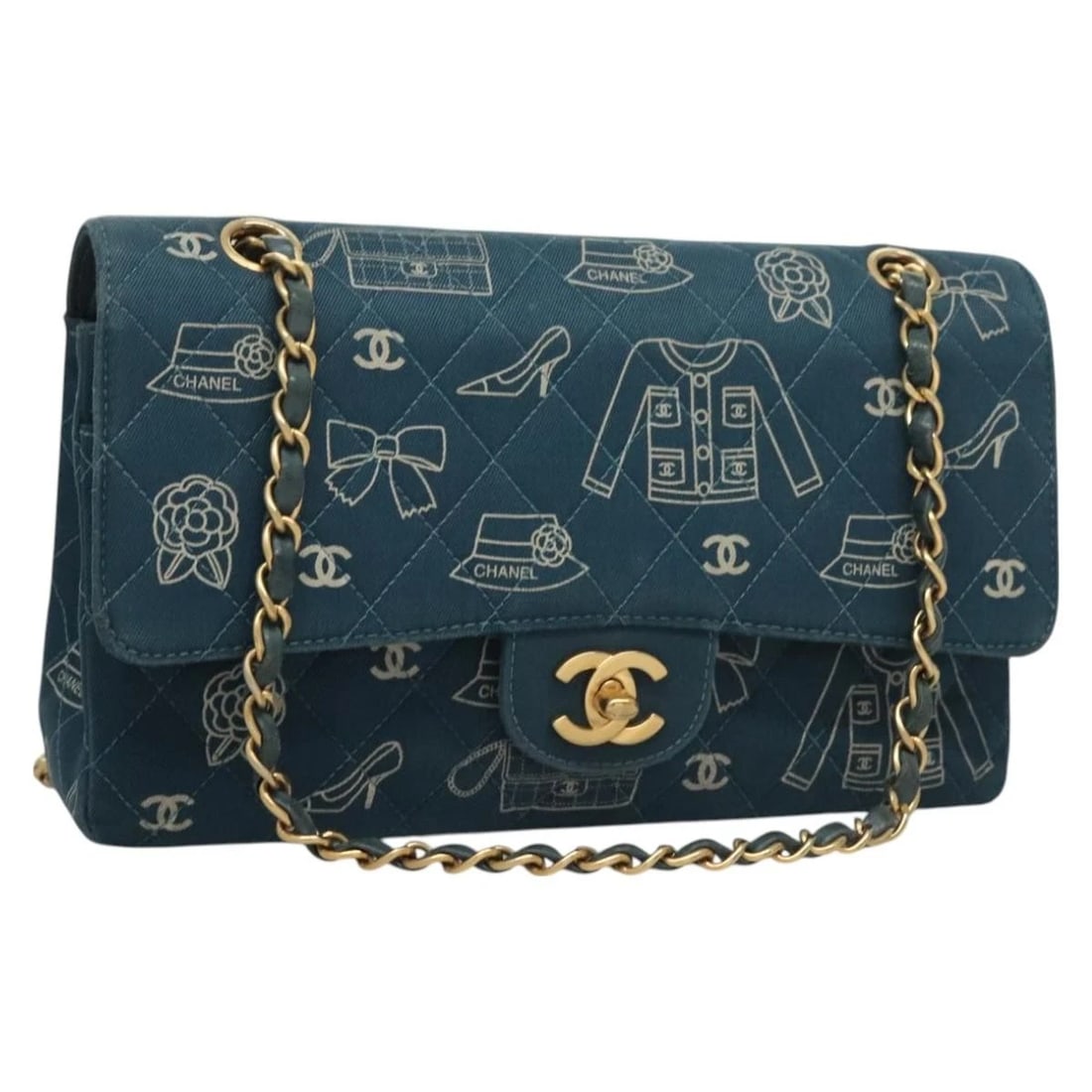 CHANEL ICON LINE MATELASSE 25 CHAIN BAG CANVAS NAVY GOLD: CHANEL Icon Line Matelasse 25 Chain Bag Canvas Navy Gold Brand: CHANEL Type/Style: Shoulder Bag Material: Canvas Color: Navy/Gold Size: Size(Inch) W9.8 x H4.7 x D2.4inch(Approx) Accessories: None