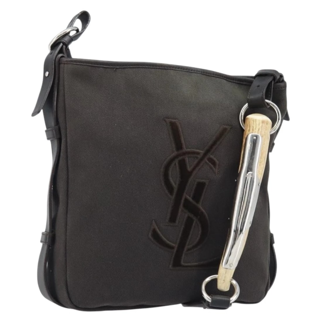 SAINT LAURENT MOMBASA SHOULDER BAG CANVAS LEATHER DARK BROWN SILVER: SAINT LAURENT Mombasa Shoulder Bag Canvas Leather Dark Brown Silver Brand: SAINT LAURENT Type/Style: Shoulder Bag Material: Leather Color: Dark Brown/Silver Size: Size(Inch) W9.1 x H10.6 x