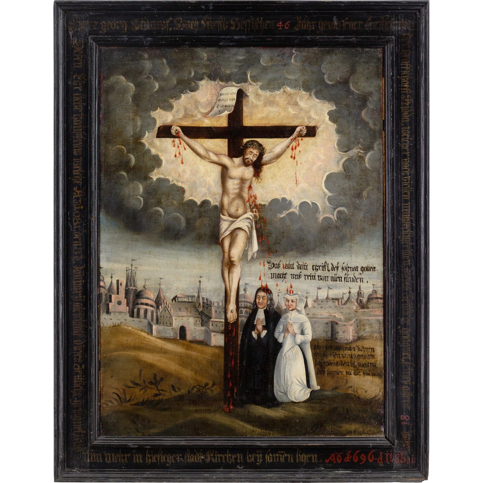 LATE 17TH-CENTURY HESSIAN ACADEMY CRUCIFIXION WITH CONTRIBUTORS: Year: c. 1696 Size: 33" x 421/2" / 84cm x 108cm Medium: Oil on canvas Description: The Crucifixion of Christ with kneeling donors is seen in this late 17th-century German oil painting, which was inten