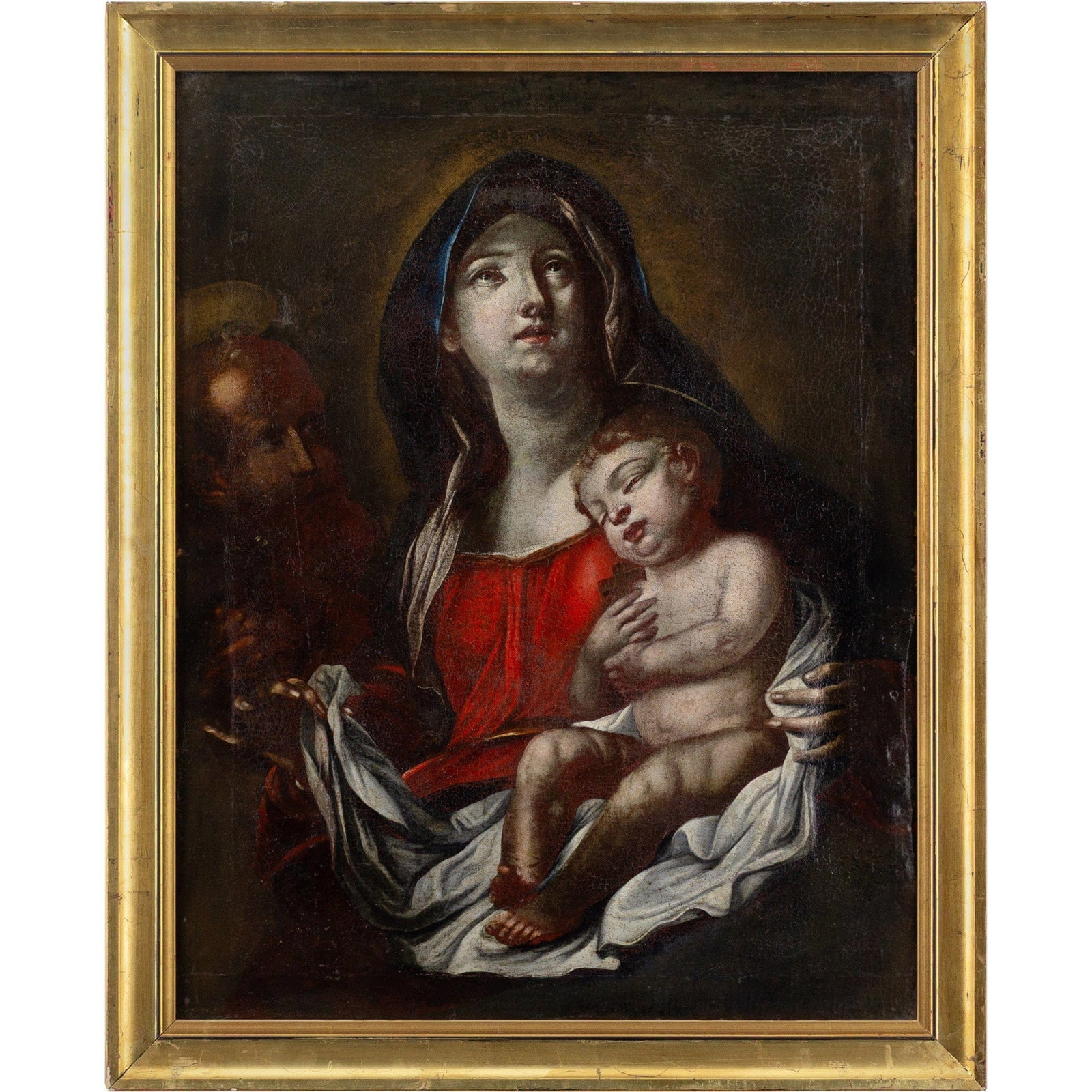 FRANCESCO SOLIMENA (WORKSHOP) SAINT JOSEPH AND THE VIRGIN AND CHILD: Year: c. 1700 Size: 301/2" x 38" / 78cm x 97cm Medium: Oil on canvas Description: The Virgin Mary is shown holding the sleeping Christ Child in this early 18th-century oil painting by a worker in Fran