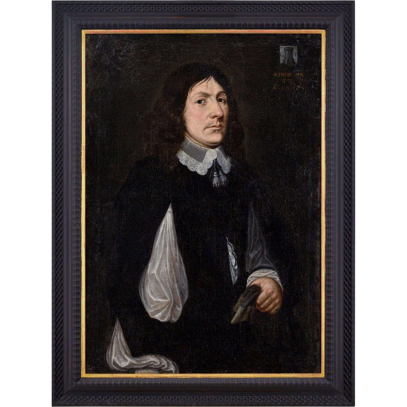 MID-17TH-CENTURY FLEMISH INSTITUTION AN IMAGE OF A GENTLEMAN: Year: 1652 Size: 291/2" x 361/2" / 75cm x 100cm Medium: Oil on canvas Description: This Flemish oil painting from the middle of the 17th century shows a guy wearing a black doublet and a lace-edged co