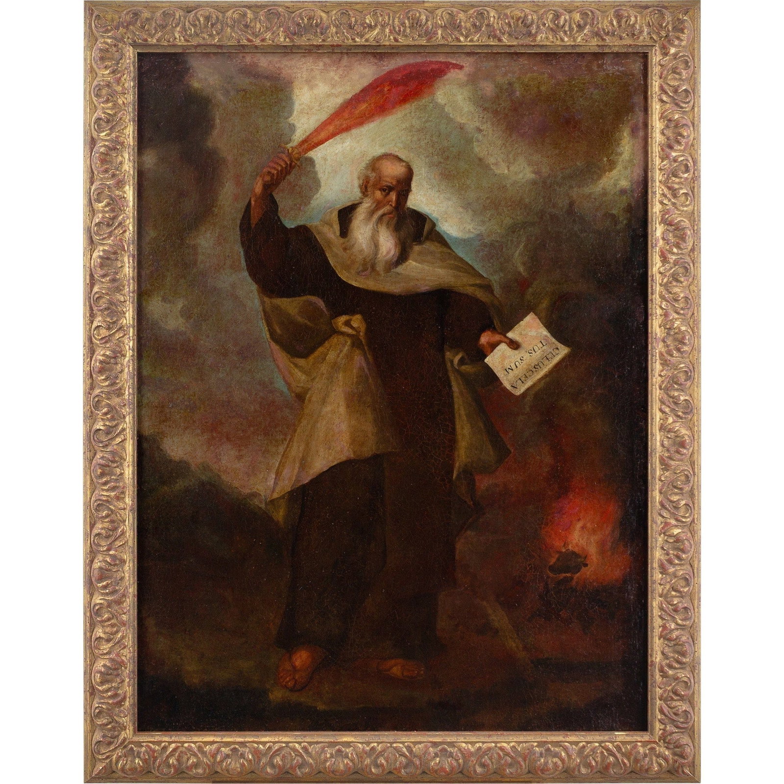 MADRID SCHOOL, MID-17TH CENTURY ELIJAH THE SAINT: Year: c. 1650 Size: 371/2" x 471/2" / 95cm x 121cm Medium: Oil on canvas Description: This striking Spanish Baroque painting from the middle of the 17th century shows Saint Elijah brandishing a blazin