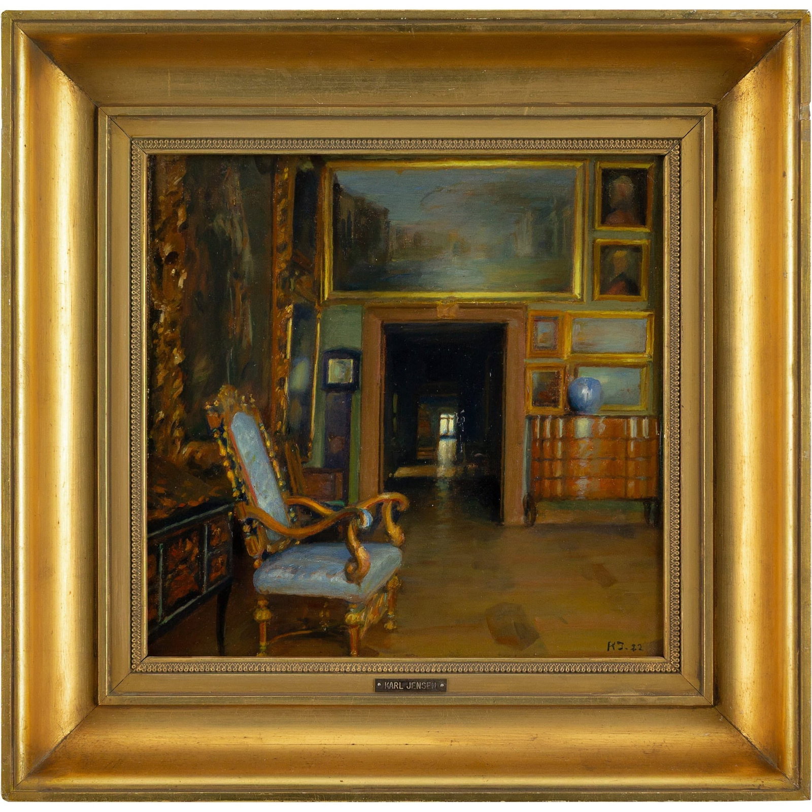 THE ROOM OF FREDERIK IV AT FREDERIKSBORG CASTLE BY KARL JENSEN: Year: 1922 Size: 171/2" x 171/2" / 45cm x 44cm Medium: Oil on canvas Description: One of the old state rooms of Frederiksborg Castle in Hiller?d, Denmark, is shown in this oil painting from the early 