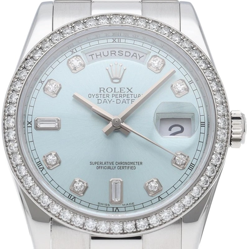 ROLEX WATCH DIAMOND BLUE PT950 WATCH: ROLEX Watch Diamond Blue Pt950 watch Brand: ROLEX Type/Style: Wristwatch Material: Pt950 Color: Ice blue Size: Case Diameter(H):About 1.4 inch Case Diameter(W):About 1.4 inch Wrist size:About 7.7 inch