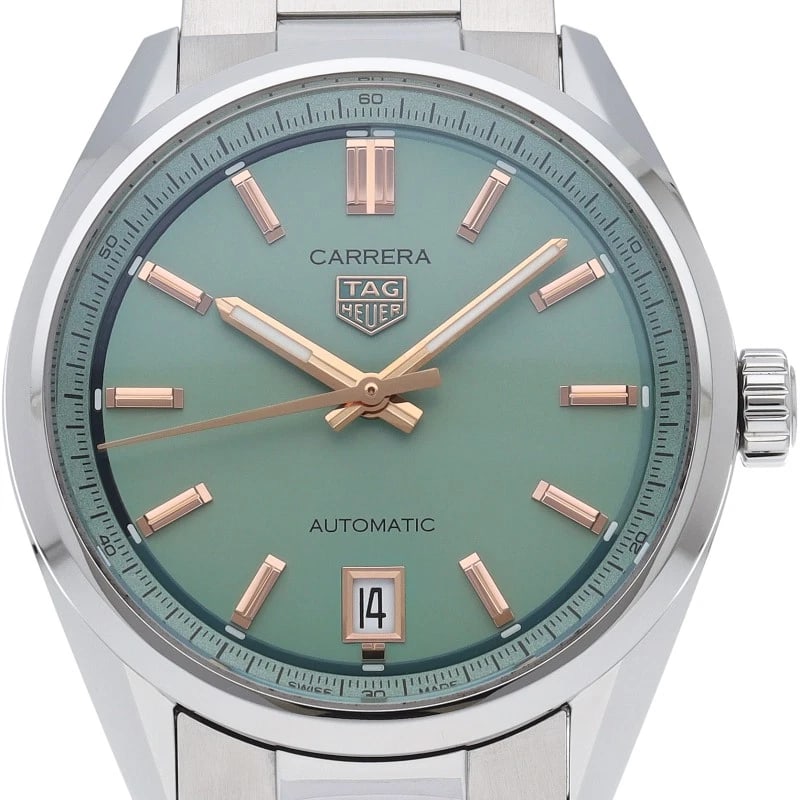 TAG HEUER GREEN STAINLESS STEEL WATCH: TAG HEUER Green Stainless Steel watch Brand: TAG HEUER Type/Style: Wristwatch Material: Stainless Steel Color: Pastel green Size: Case Diameter(H):About 1.4 inch Case Diameter(W):About 1.4 inch Wrist 