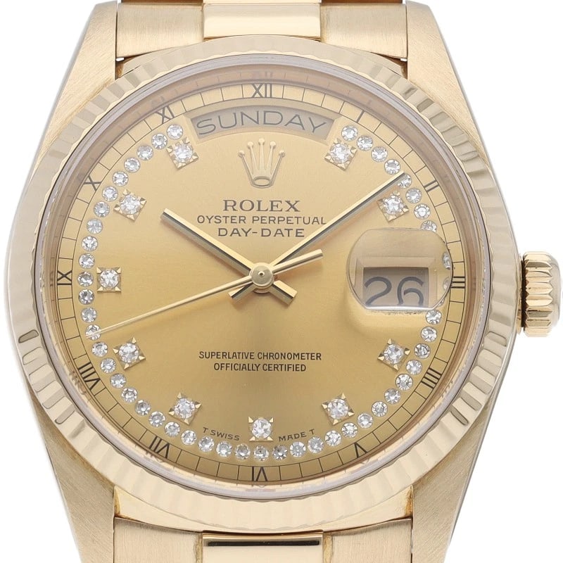 ROLEX WATCH DIAMOND 18K YELLOW GOLD WATCH: ROLEX Watch Diamond 18K Yellow Gold watch Brand: ROLEX Type/Style: Wristwatch Material: 18K Yellow Gold Color: Champagne color Size: Case Diameter(H):About 1.4 inch Case Diameter(W):About 1.4 inch Wri
