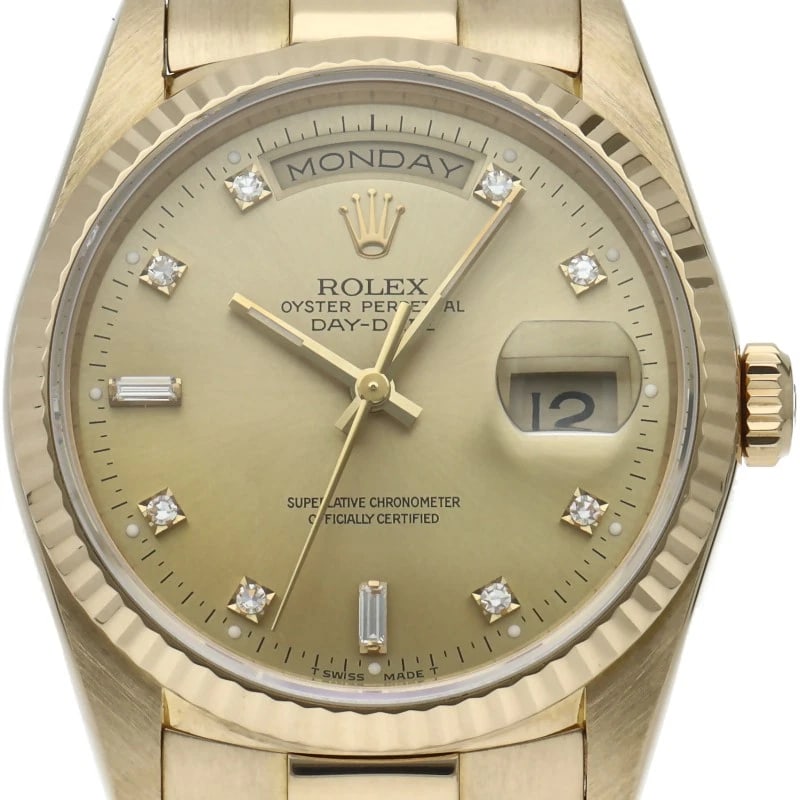ROLEX WATCH DIAMOND 18K YELLOW GOLD WATCH: ROLEX watch diamond 18K Yellow Gold watch Brand: ROLEX Type/Style: Wristwatch Material: 18K Yellow Gold Color: Champagne color Size: Case Diameter(H):About 1.4 inch Case Diameter(W):About 1.4 inch Wri