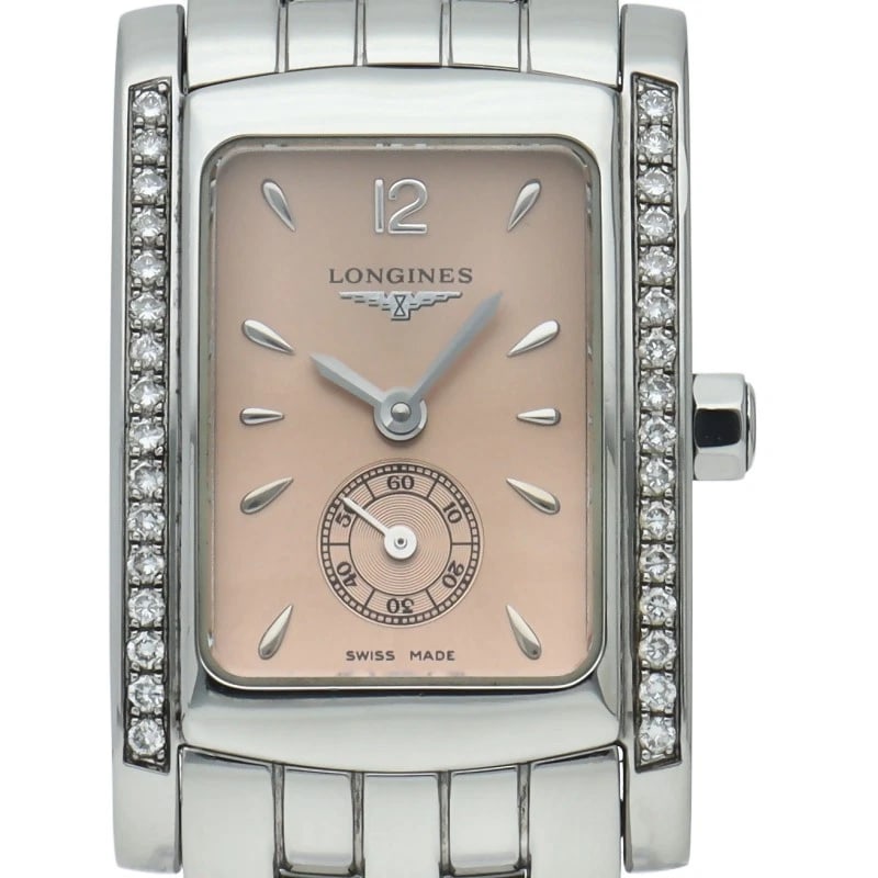 LONGINES WATCH DIAMOND STAINLESS STEEL WATCH: LONGINES watch diamond Stainless Steel watch Brand: LONGINES Type/Style: Wristwatch Material: Stainless Steel Color: pink Size: Case Diameter(H):About 1.0 inch Case Diameter(W):About 0.8 inch Wrist si