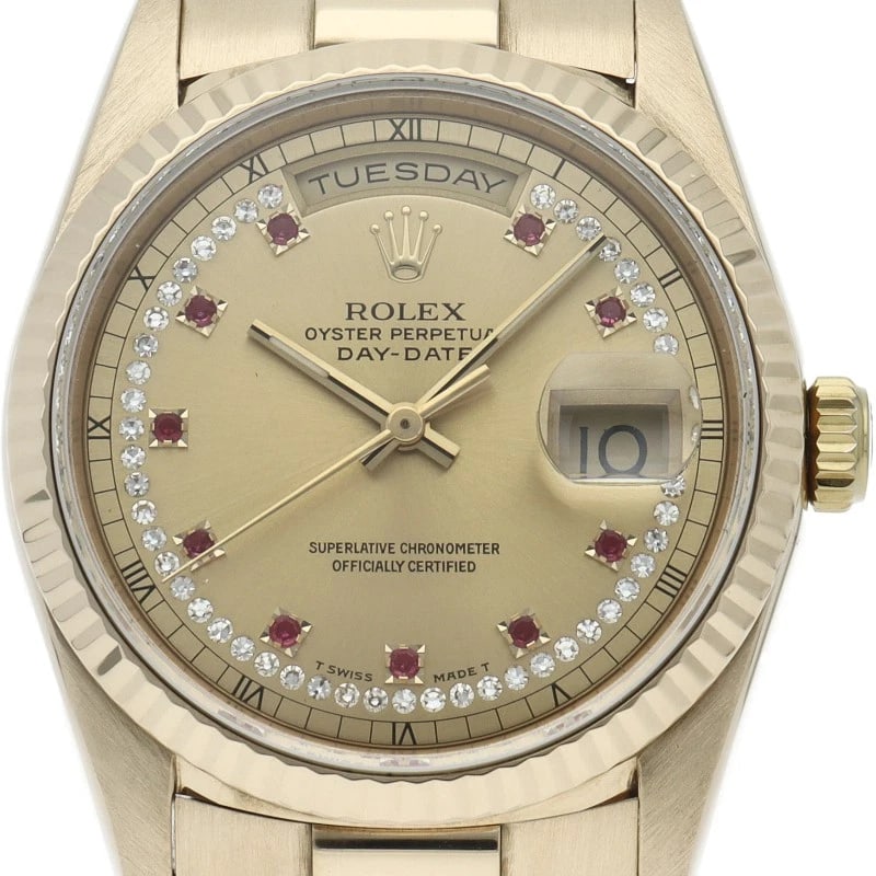 ROLEX WATCH DIAMOND RUBY 18K YELLOW GOLD WATCH: ROLEX watch diamond ruby 18K Yellow Gold watch Brand: ROLEX Type/Style: Wristwatch Material: 18K Yellow Gold Color: Champagne color Size: Case Diameter(H):About 1.4 inch Case Diameter(W):About 1.4 inc