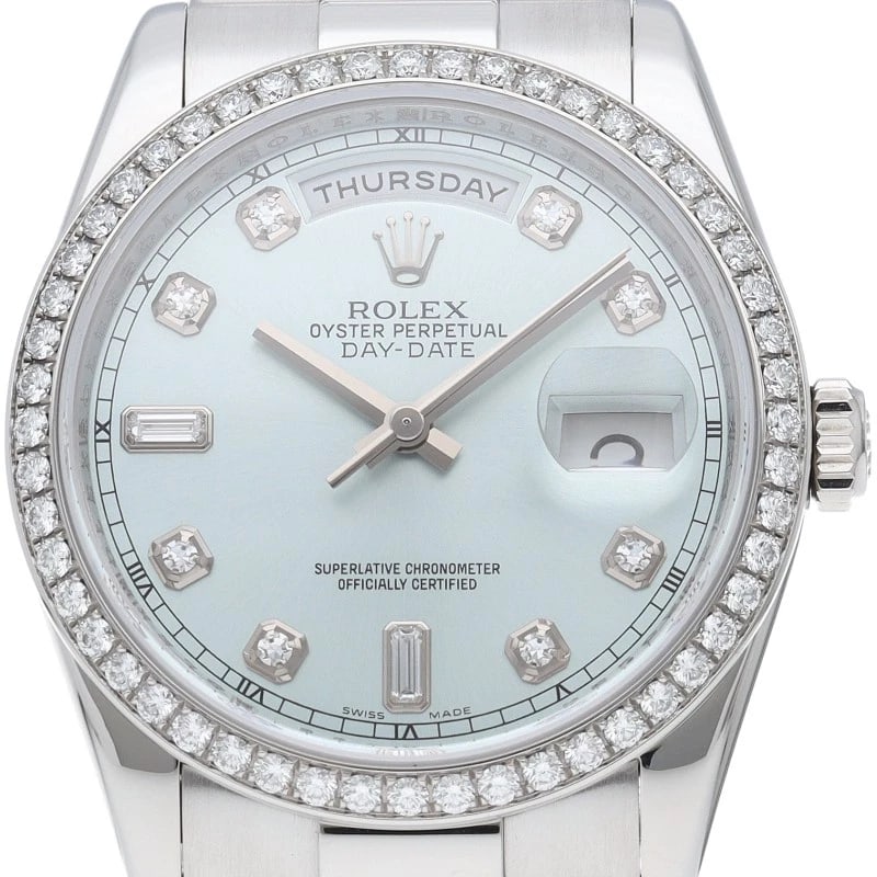 ROLEX WATCH DIAMOND BLUE PT950 WATCH: ROLEX Watch Diamond Blue Pt950 watch Brand: ROLEX Type/Style: Wristwatch Material: Pt950 Color: Ice blue Size: Case Diameter(H):About 1.4 inch Case Diameter(W):About 1.4 inch Wrist size:About 7.5 inch