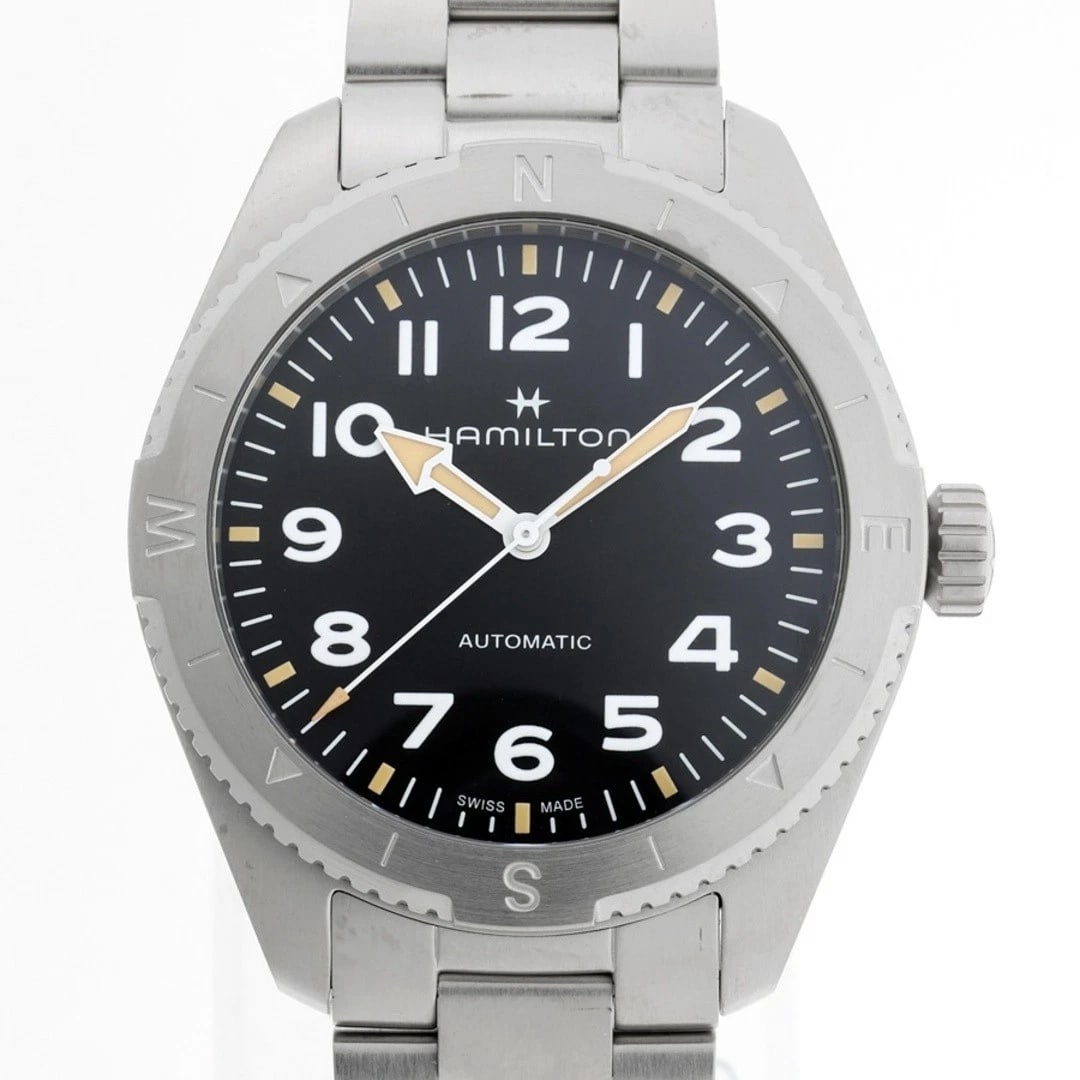 HAMILTON KHAKI FIELD AUTO STEEL WATCH BLACK WATCH: Hamilton Khaki Field Auto Steel Watch Black watch Brand: Hamilton Type/Style: NA Material: none Color: Dial Color Black Size: measures approximately 41mm in width, 11.5mm in thickness, with a lug widt