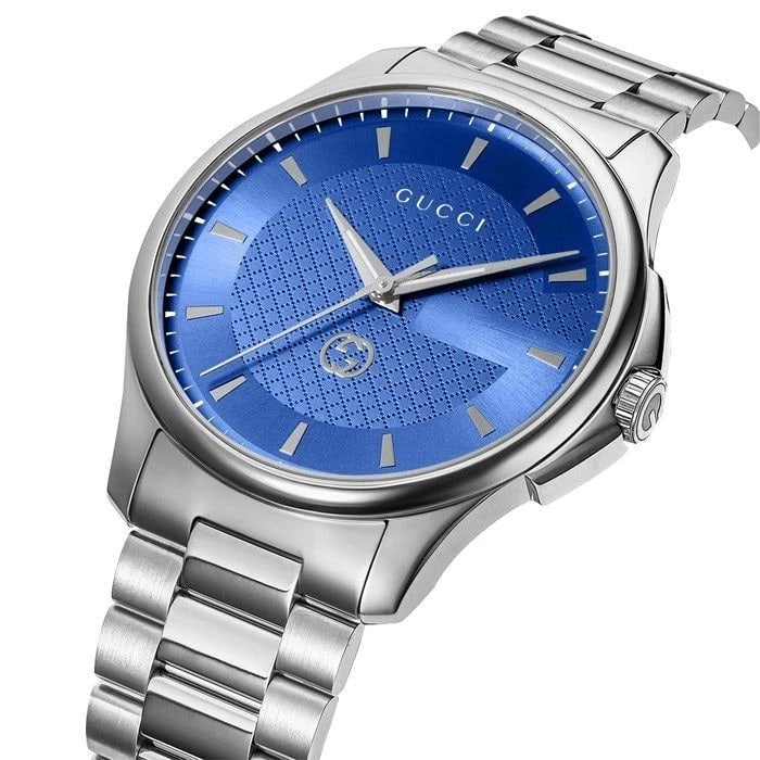 GUCCI G-TIMELESS WATCH BRIGHT BLUE SS QUARTZ WATCH: Gucci G-Timeless Watch Bright Blue SS Quartz watch Brand: GUCCI Type/Style: NA Material: Case Material Stainless Steel Band Material Stainless Steel Color: Dial Color Bright Blue Size: Case Diameter: 
