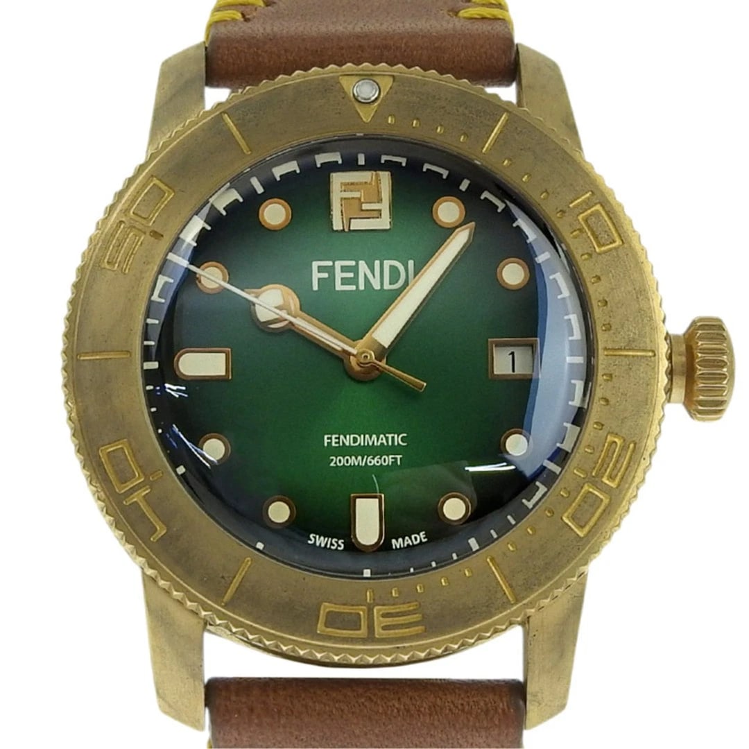 FENDI AQUADIVER AUTOMATIC WATCH GREEN LEATHER WATCH: Fendi Aquadiver Automatic Watch Green Leather watch Brand: Fendi Type/Style: Wristwatch (Analog) Material: Case Material Stainless Steel with Bronze Finish Color: Dial Color Green Size: Case
