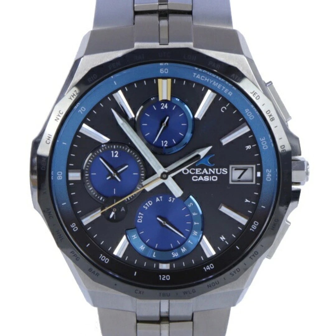 CASIO OCEANUS MANTA CHRONOGRAPH BLACK BLUE WATCH: Casio Oceanus Manta Chronograph Black Blue watch Brand: CASIO Type/Style: Men's Wristwatch Material: Stainless Steel Color: Dial Color Black and Blue Size: Case Diameter: Approximately 40mm