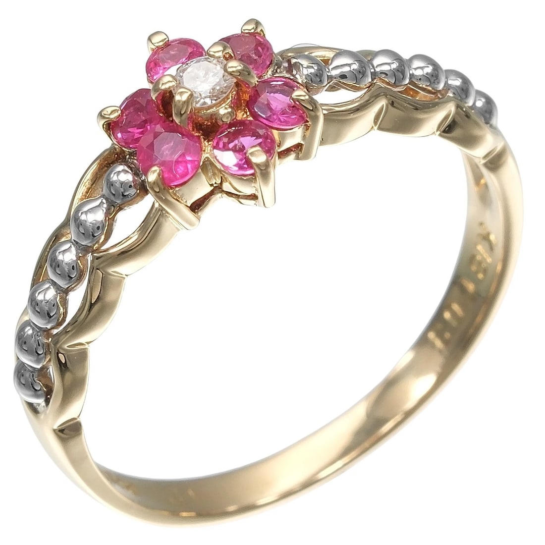 FLOUR RING K18 YELLOW GOLD/PT900PLATINUM/RUBY: flour Ring K18 yellow gold/Pt900Platinum/Ruby Brand: no brand Type/Style: Ring Material: K18 yellow gold Main Stone Ruby Color: Gold Size: 4.7(US Size) Accessories: None Accessories Notice
