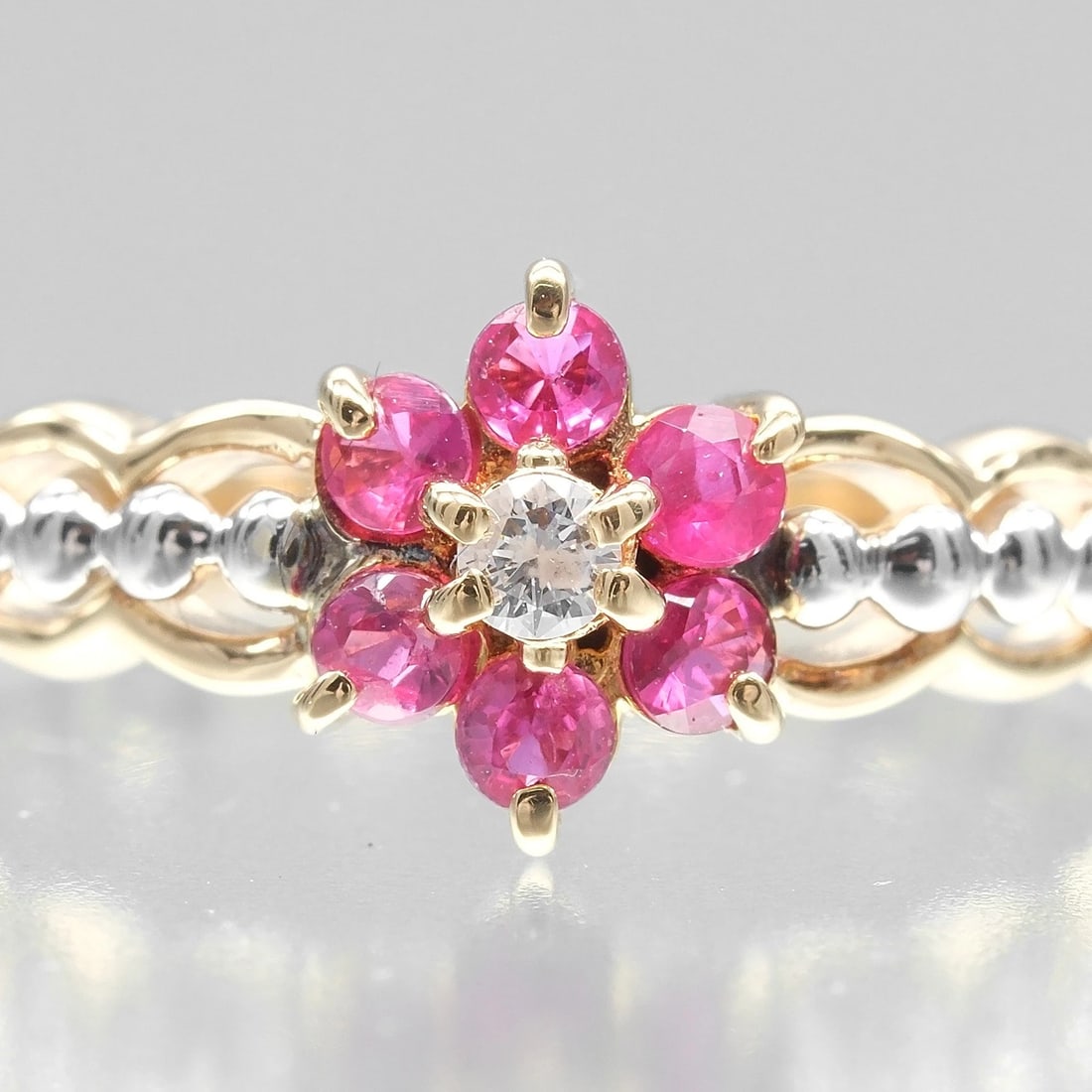 FLOUR RING K18 YELLOW GOLD/PT900PLATINUM/RUBY - 3