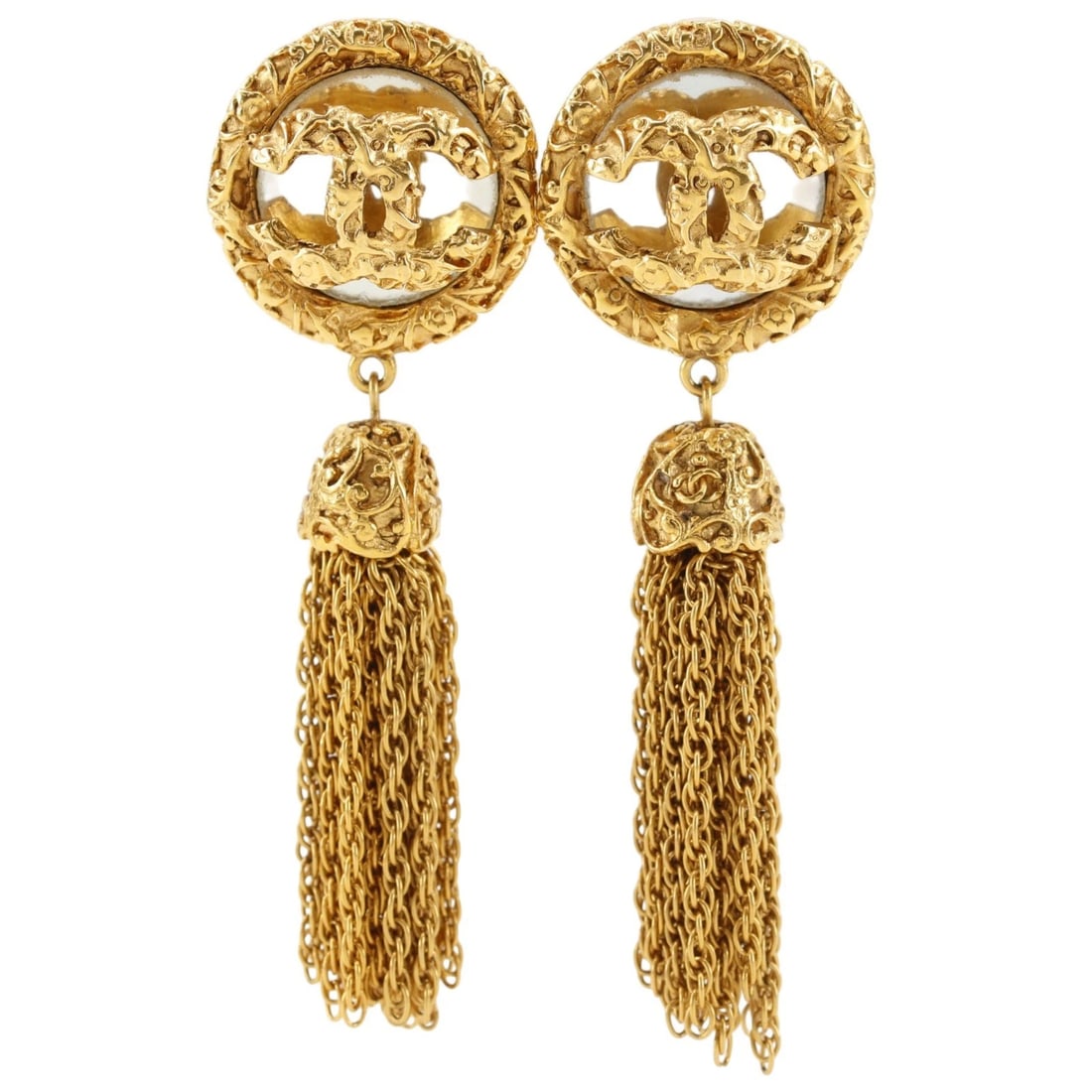 CHANEL COCO MARK EARRING FRINGE TASSEL CHAIN PLATED GOLD: CHANEL COCO Mark Earring Fringe Tassel Chain Plated Gold Brand: CHANEL Type/Style: Earring Material: Plated Gold Color: Gold Size: Size(CM) 80mm x 27mm Accessories: None Accessories Notice