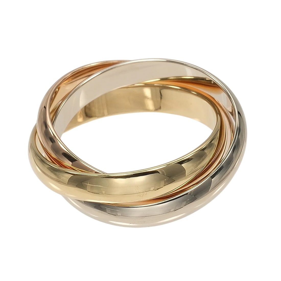 CARTIER TRINITY RING 0.1" BAND K18 GOLD (YGXPGXWG): CARTIER Trinity Ring 0.1" band K18 Gold (YGxPGxWG) Brand: CARTIER Type/Style: Ring Material: K18 Gold (YGxPGxWG) Color: Gold Size: 6.2(US Size) Accessories: None Accessories Notice: When purchasing