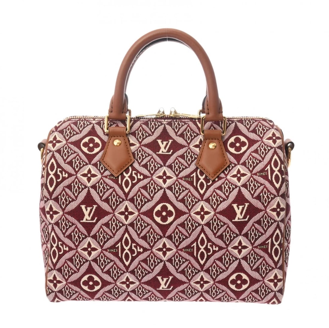 LOUIS VUITTON SPEEDY BANDOULIERE 25 SINCE JACQUARD CANVAS: LOUIS VUITTON Speedy Bandouliere 25 since Jacquard canvas Brand: LOUIS VUITTON Type/Style: Handbag Material: Jacquard canvas Color: Bordeaux ? Gold Metal Size: H:about 7.3inch W:about 10.0inch D:about