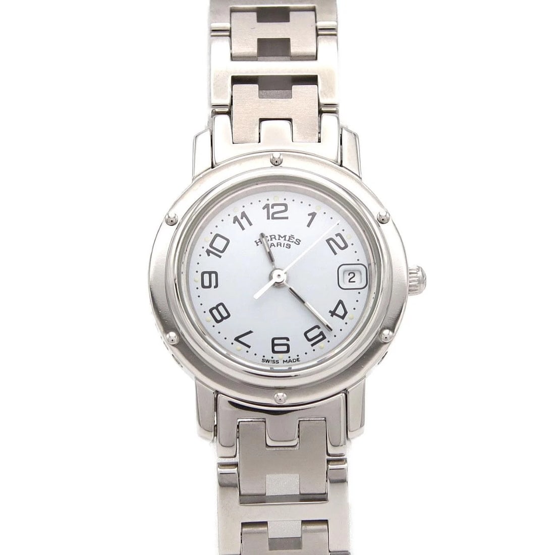 HERMES CLIPPER STAINLESS STEEL QUARTZ WATCH: Hermes Clipper Stainless Steel Quartz watch Brand: HERMES Type/Style: Wrist watch Material: Case: Stainless Steel Breath: Stainless Steel Color: Dial color: White/Arabic Size: Case diameter: Approx. 2