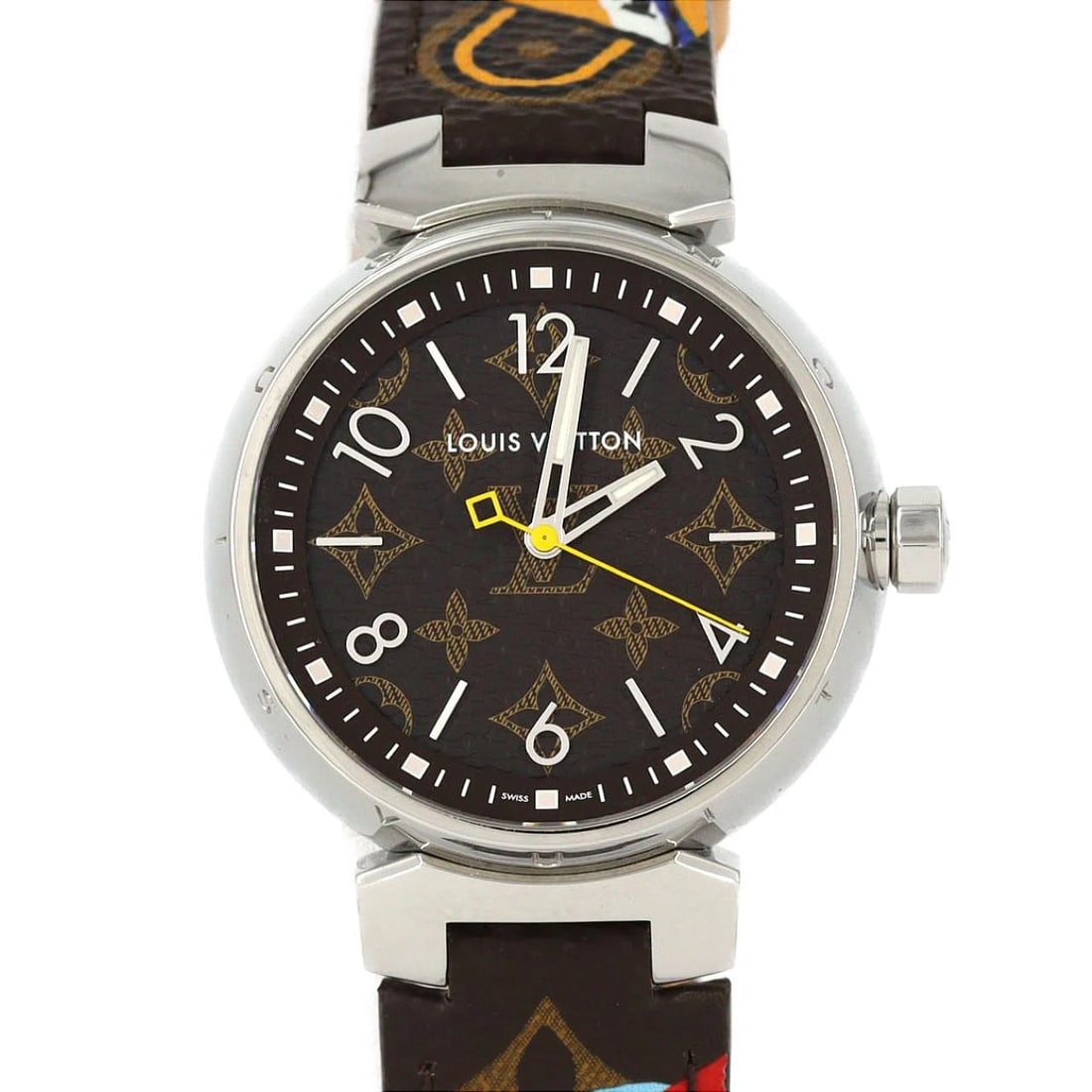 LOUIS VUITTON TAMBOUR MONOGRAM WATCH: Louis Vuitton Tambour Monogram watch Brand: LOUIS VUITTON Type/Style: Wrist watch Material: Case: Stainless Steel Bracelet: Strap Color: Dial color: Brown Band color: Brown Size: Case diameter: Approx