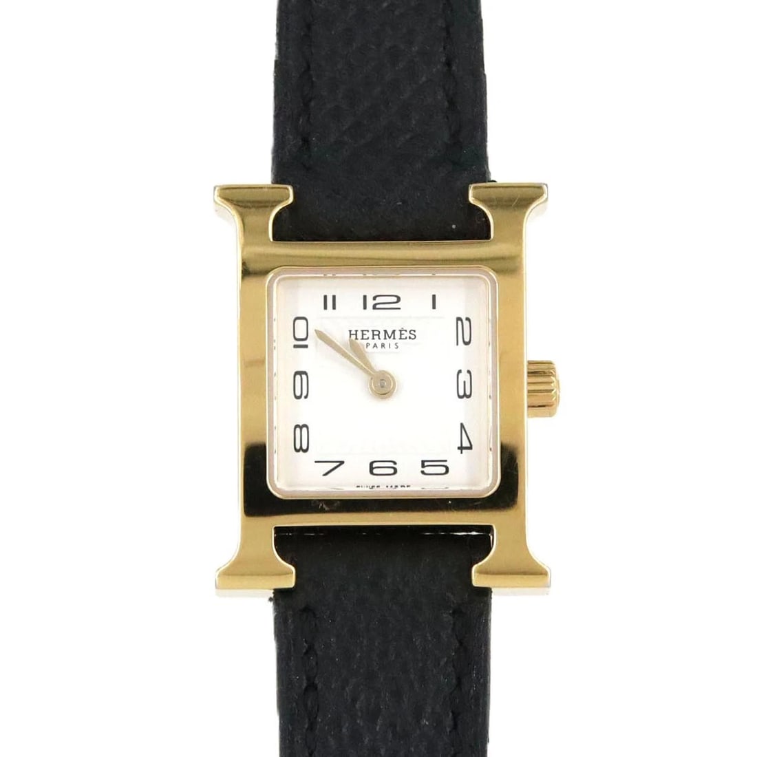 HERMES WATCH GOLD PLATED QUARTZ WATCH: Hermes Watch Gold Plated Quartz watch Brand: HERMES Type/Style: Wrist watch Material: Case: Gold plated Bracelet: Strap Color: Dial Color: White/Arabic Band Color: Black Size: Case diameter: 17x24.5mm
