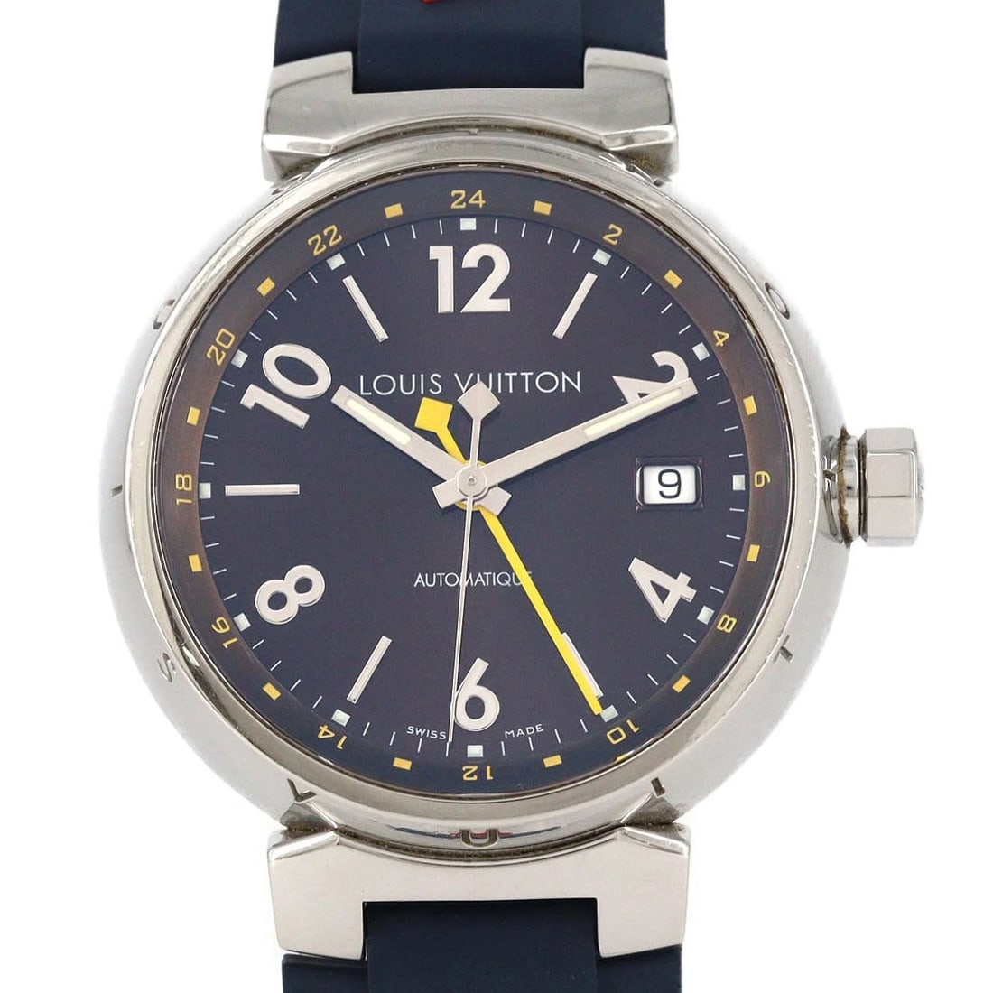 LOUIS VUITTON TAMBOUR GMT WATCH: Louis Vuitton Tambour GMT watch Brand: LOUIS VUITTON Type/Style: Wrist watch Material: Case: Stainless Steel Bracelet: Strap Color: Dial color: Brown Band color: Navy Size: Case diameter: Approx. 39.5