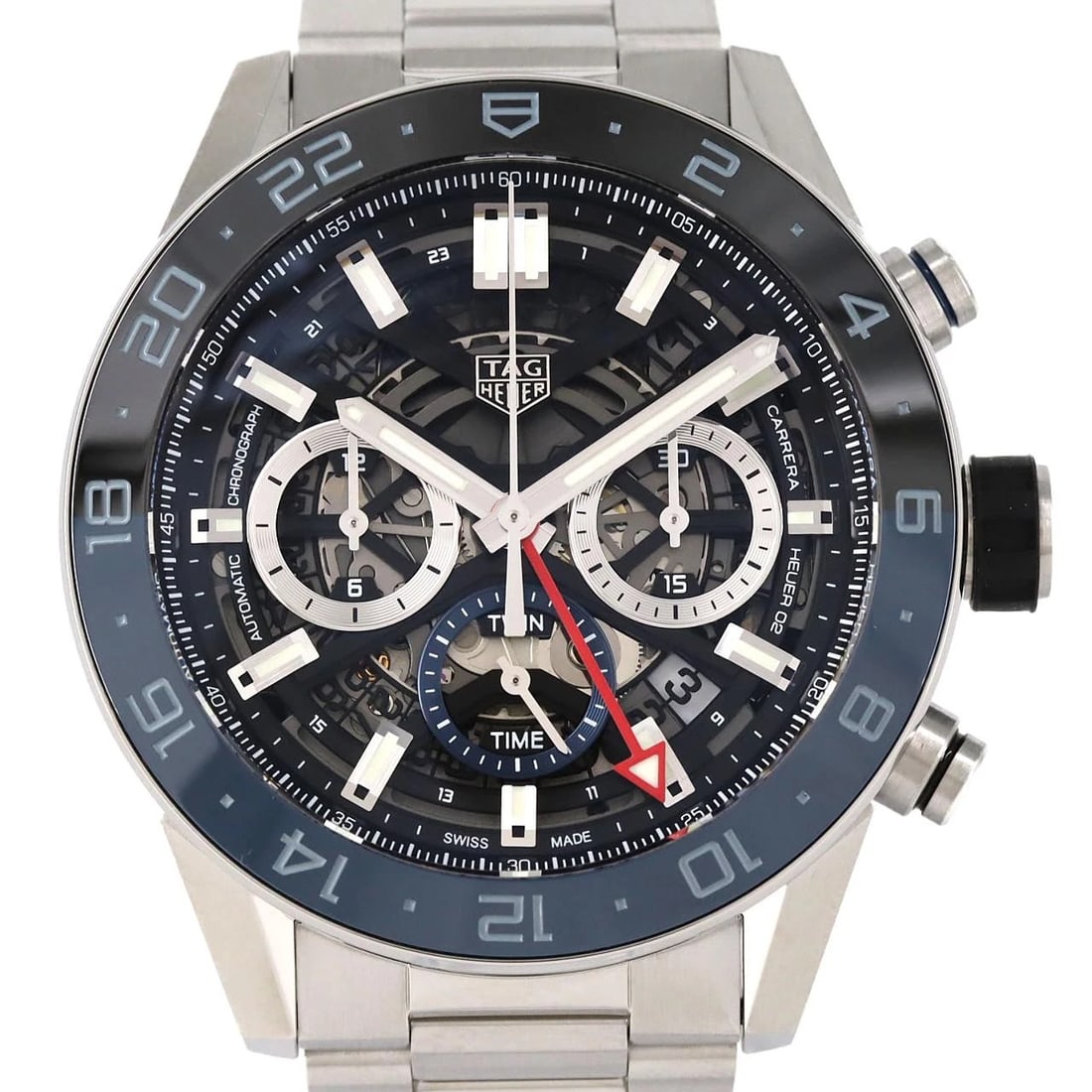 TAG HEUER CARRERA CALIBRE CHRONOGRAPH GMT WATCH: TAG Heuer Carrera Calibre Chronograph GMT watch Brand: TAG Heuer Type/Style: Wrist watch Material: Case: Stainless Steel Breath: Stainless Steel Color: Dial Color: Skeleton Size: Case diameter: Approx
