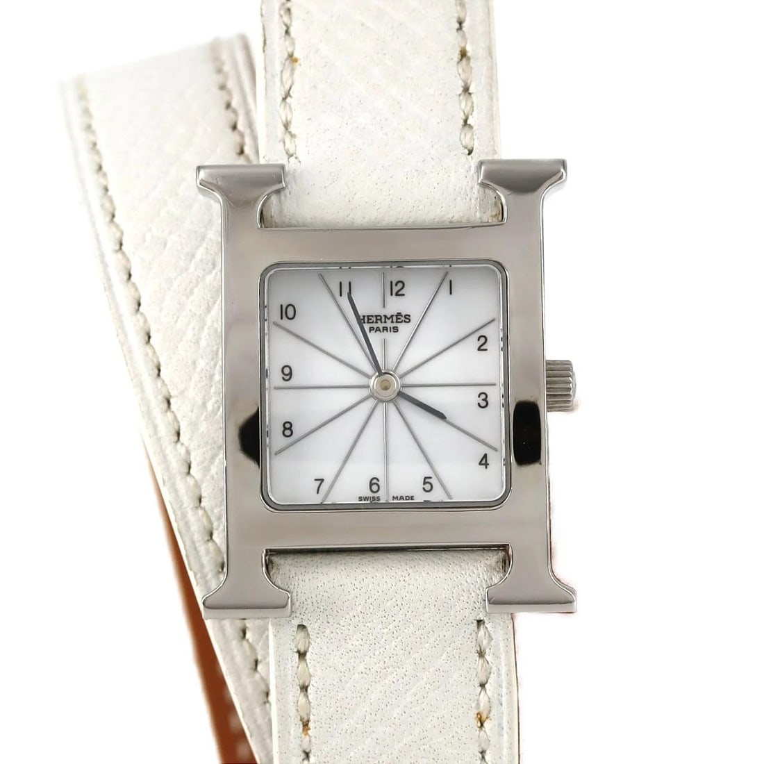 HERMES WATCH STAINLESS STEEL QUARTZ WATCH: Hermes Watch Stainless Steel Quartz watch Brand: HERMES Type/Style: Wrist watch Material: Case: Stainless Steel Bracelet: Strap Color: Dial Color: Silver/Arabic Band Color: White Size: Case diameter: 