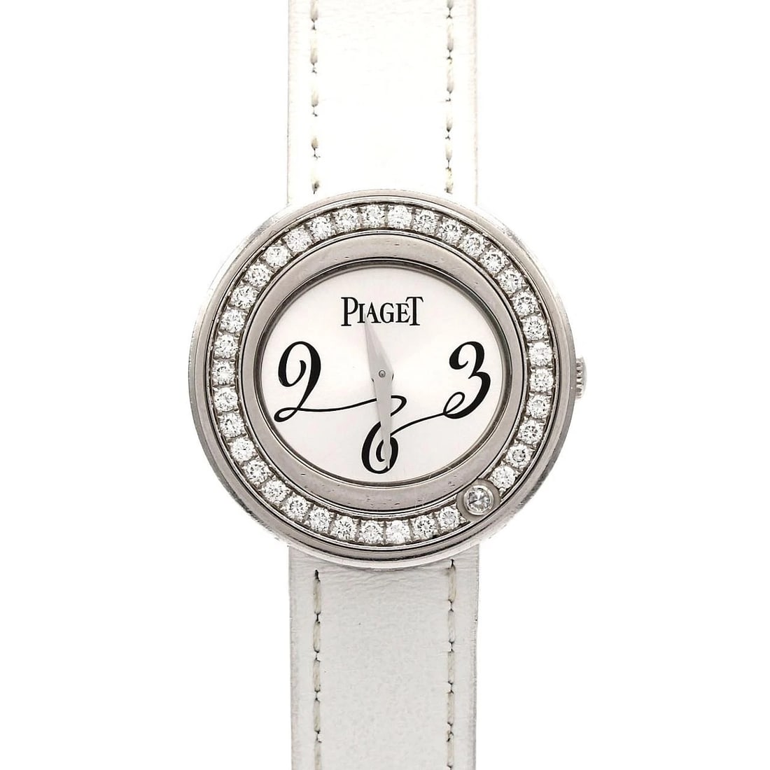 PIAGET POSSESSION WG WATCH: PIAGET Possession WG watch Brand: PIAGET Type/Style: Wrist watch Material: Case: White gold Bracelet: Strap Color: Dial Color: Silver Band Color: Black Size: Case diameter approximately: 28.5 mm A